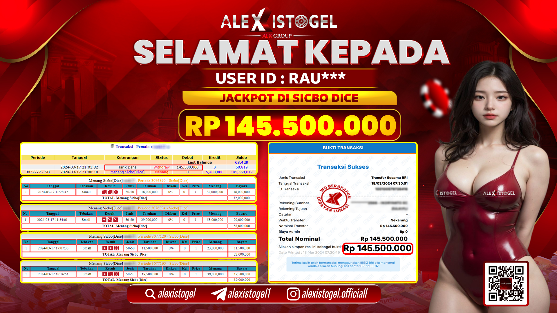 ALEXISTOGEL JACKPOT SICBO DICE RP. 145.500.000 LUNAS