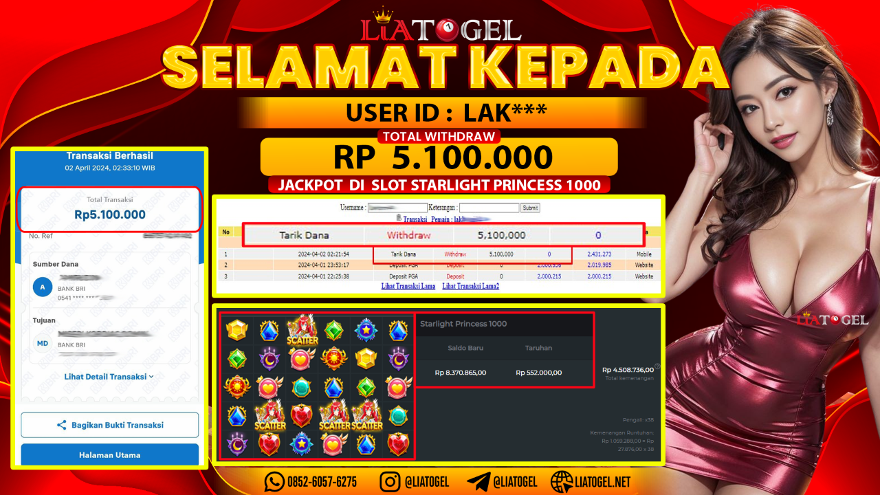 LIATOGEL - JACKPOT SLOT STARLIGHT PRINCESS ï»¿ RP 5.100.000,- LUNAS