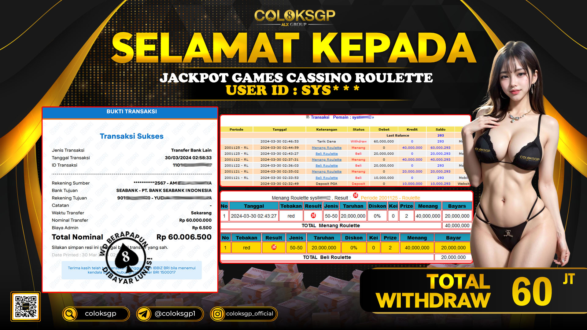 COLOKSGP JACKPOT ROULETTE RP 60.000.000 LUNAS