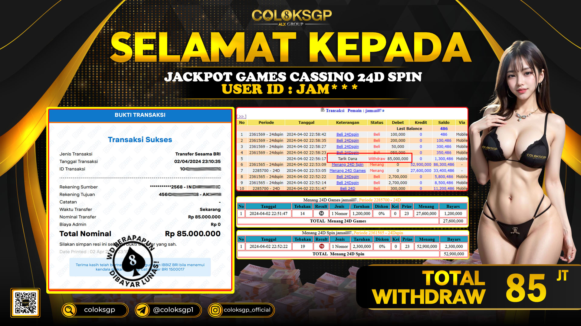 COLOKSGP JACKPOT 24D SPIN RP 85.000.000 LUNAS