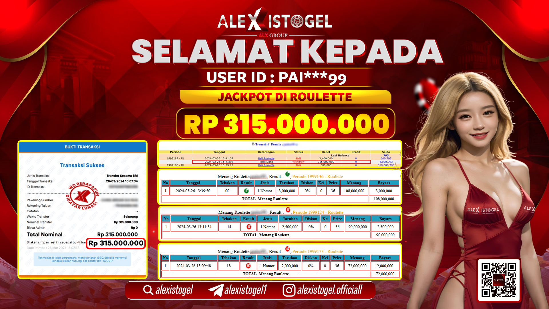 ALEXISTOGEL JACKPOT ROULETTE RP. 315.000.000 LUNAS