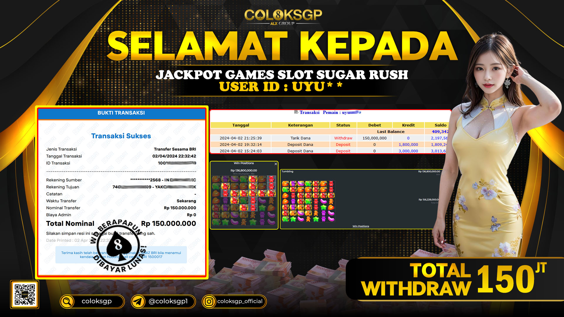 COLOKSGP JACKPOT SLOT GAMES RP 150.000.000 LUNAS