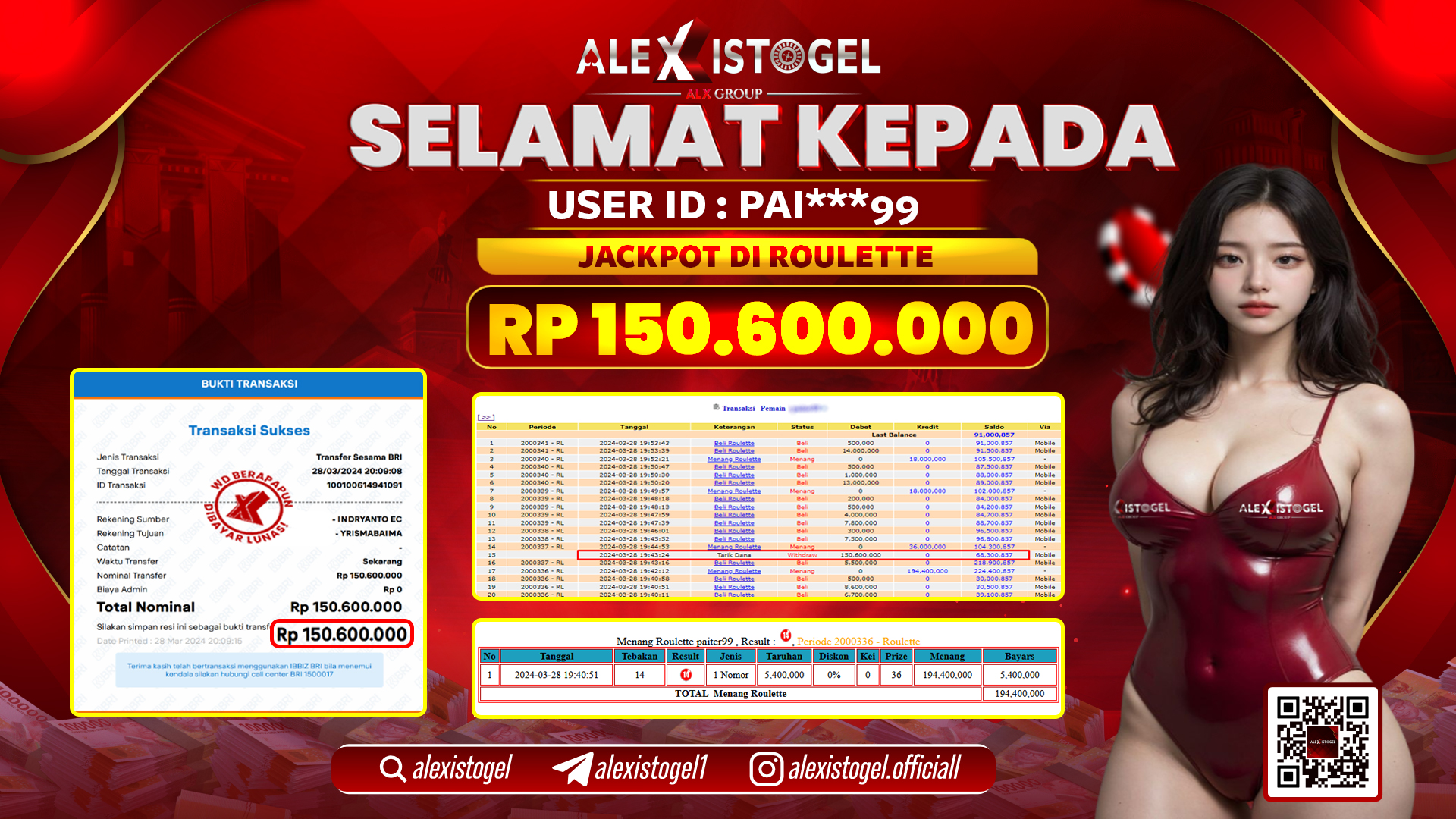 ALEXISTOGEL JACKPOT ROULETTE RP. 150.600.000 LUNAS