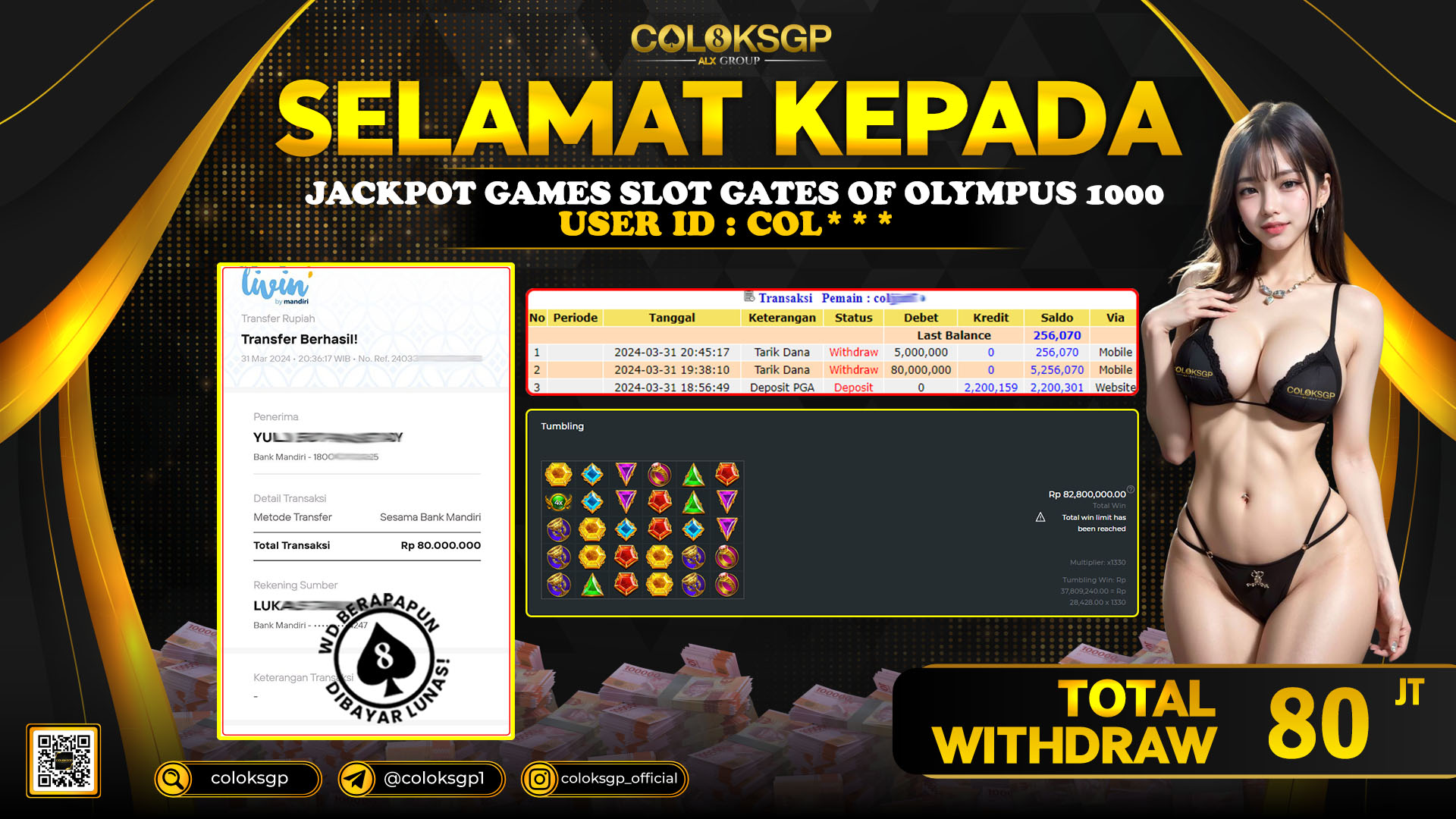 COLOKSGP JACKPOT SLOT GAMES RP 80.000.000 LUNAS
