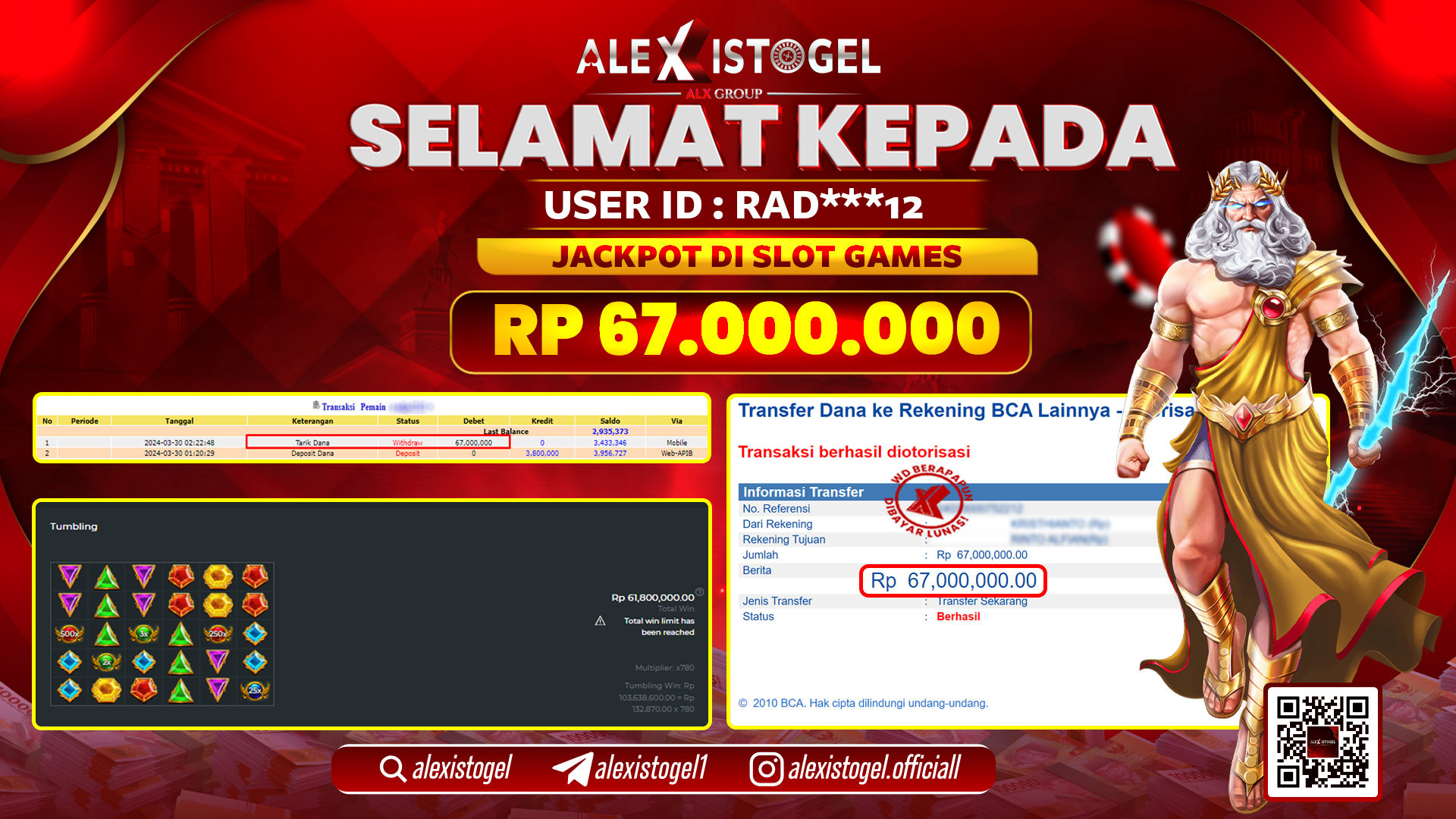 ALEXISTOGEL JACKPOT SLOT GAMES RP. 67.000.000 LUNAS