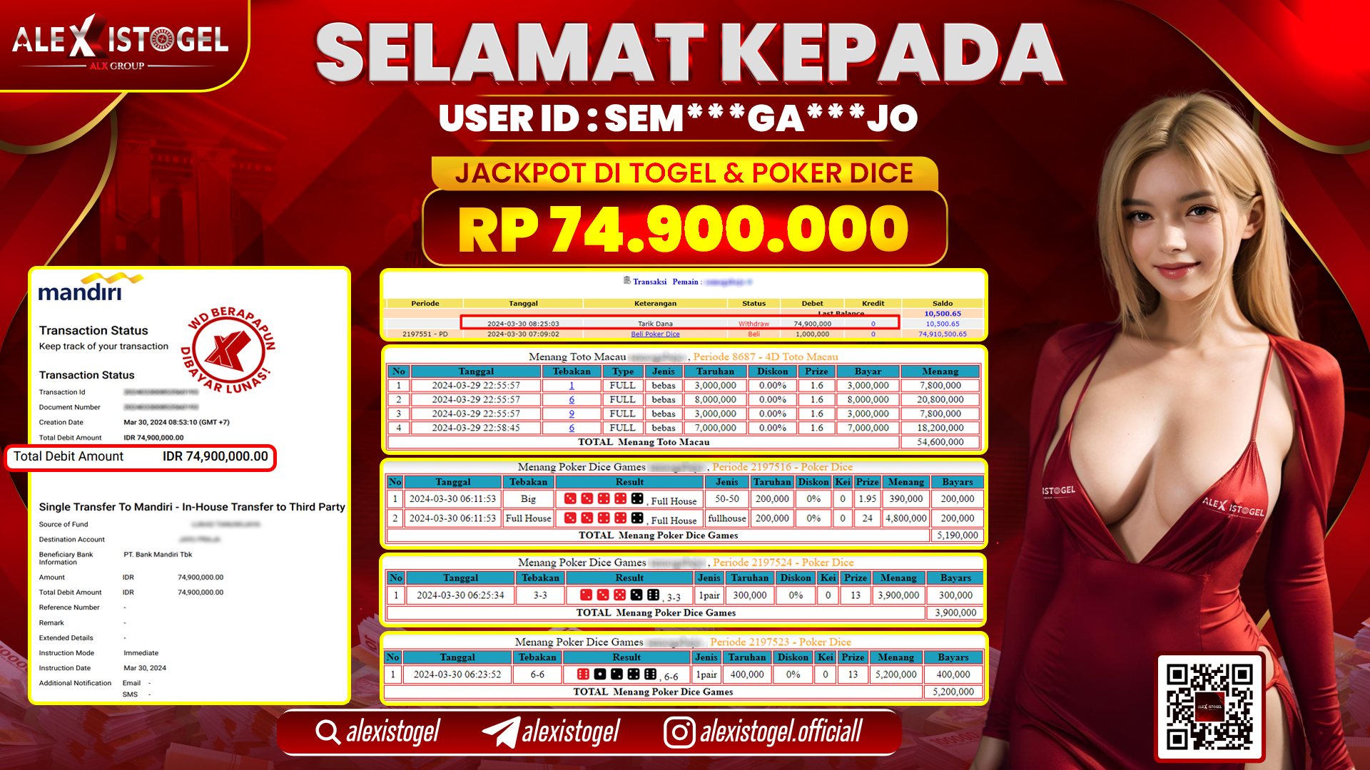 ALEXISTOGEL JACKPOT TOGEL & LIVE GAMES RP. 74.900.000 LUNAS