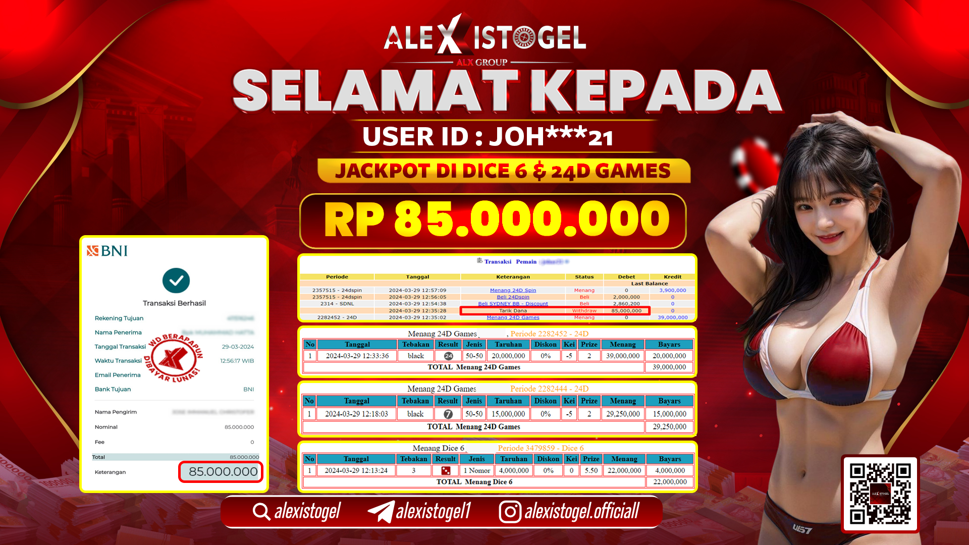 ALEXISTOGEL JACKPOT LIVE GAMES  RP. 85.000.000 LUNAS