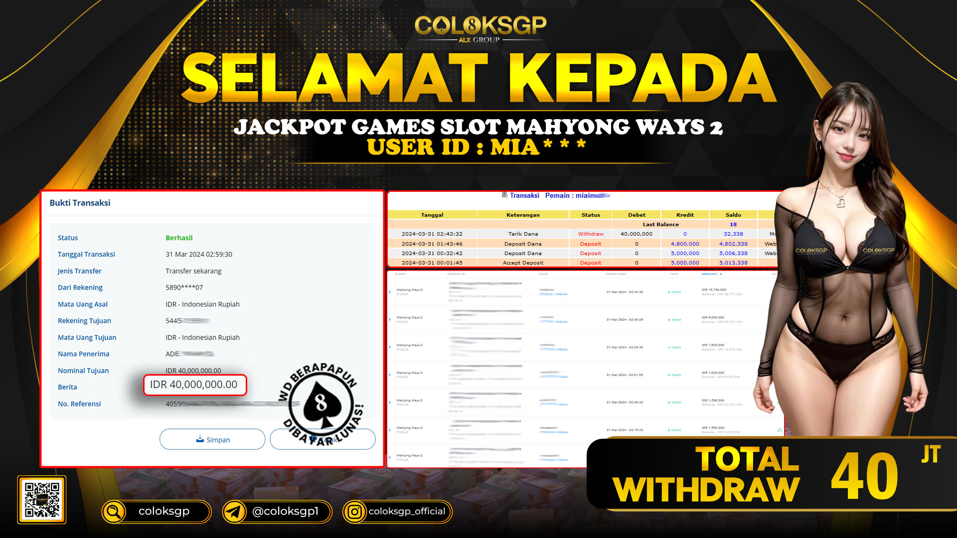 COLOKSGP JACKPOT SLOT GAMES RP 40.000.000 LUNAS