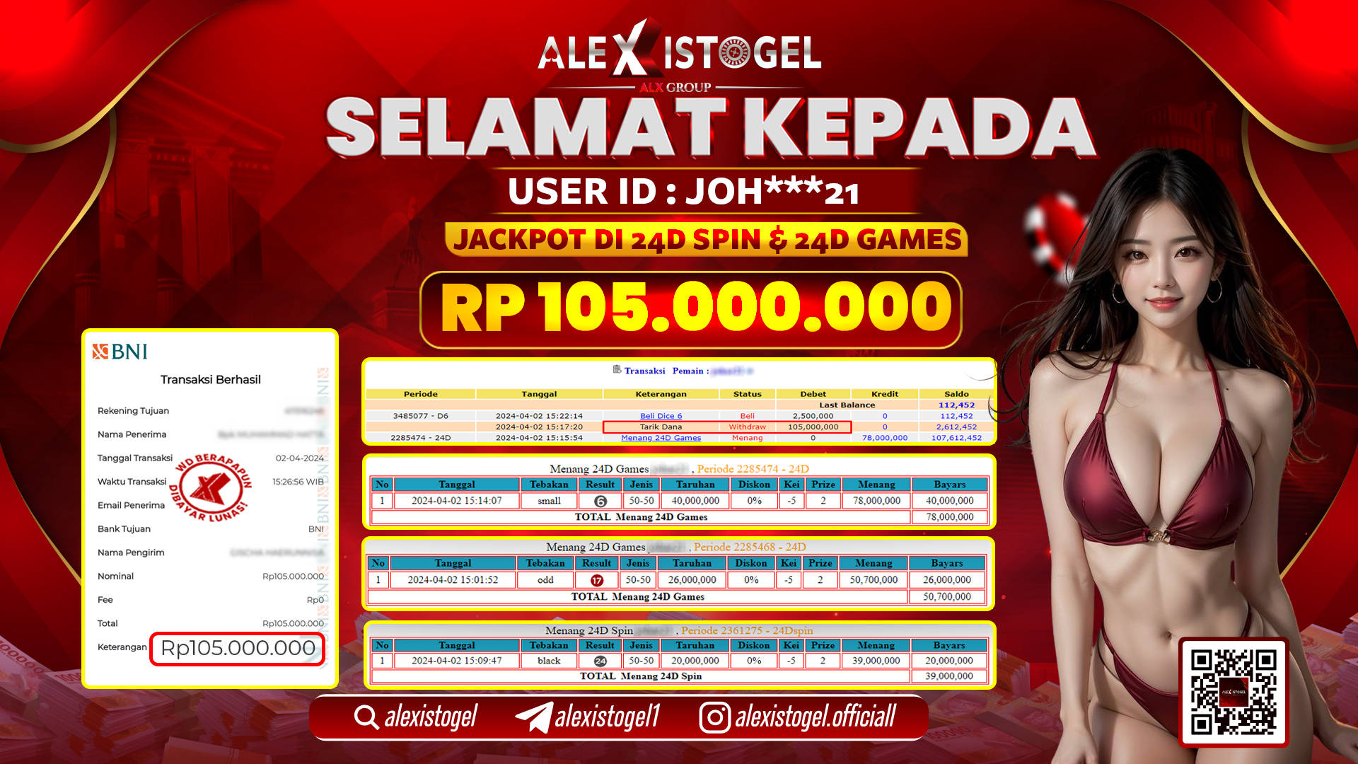 ALEXISTOGEL JACKPOT LIVE GAMES RP. 105.000.000 LUNAS