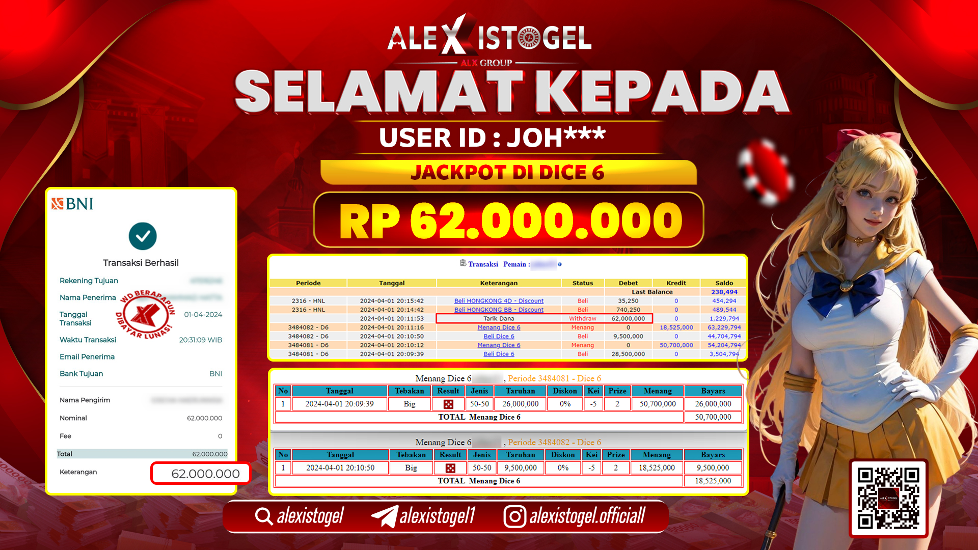 ALEXISTOGEL JACKPOT DICE 6 RP. 62.000.000 LUNAS