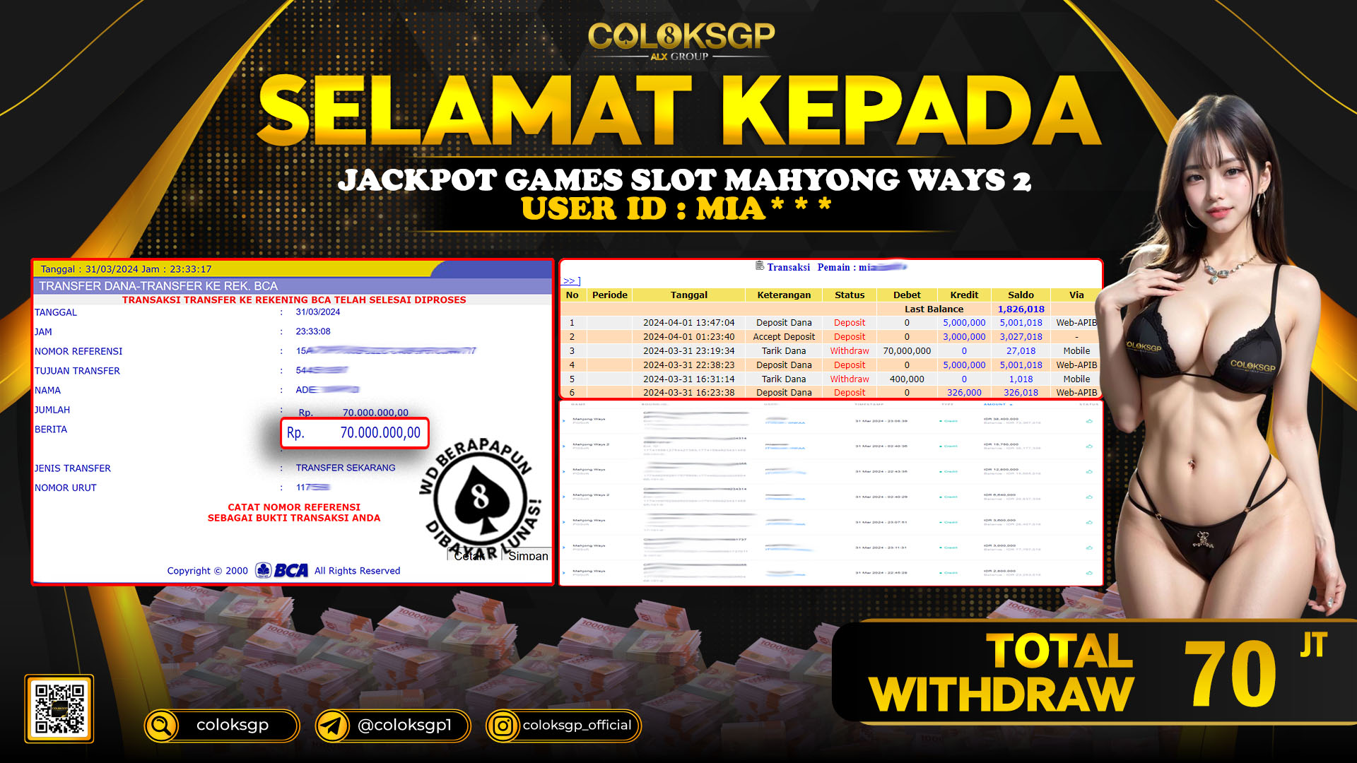 COLOKSGP JACKPOT SLOT GAMES RP 70.000.000 LUNAS
