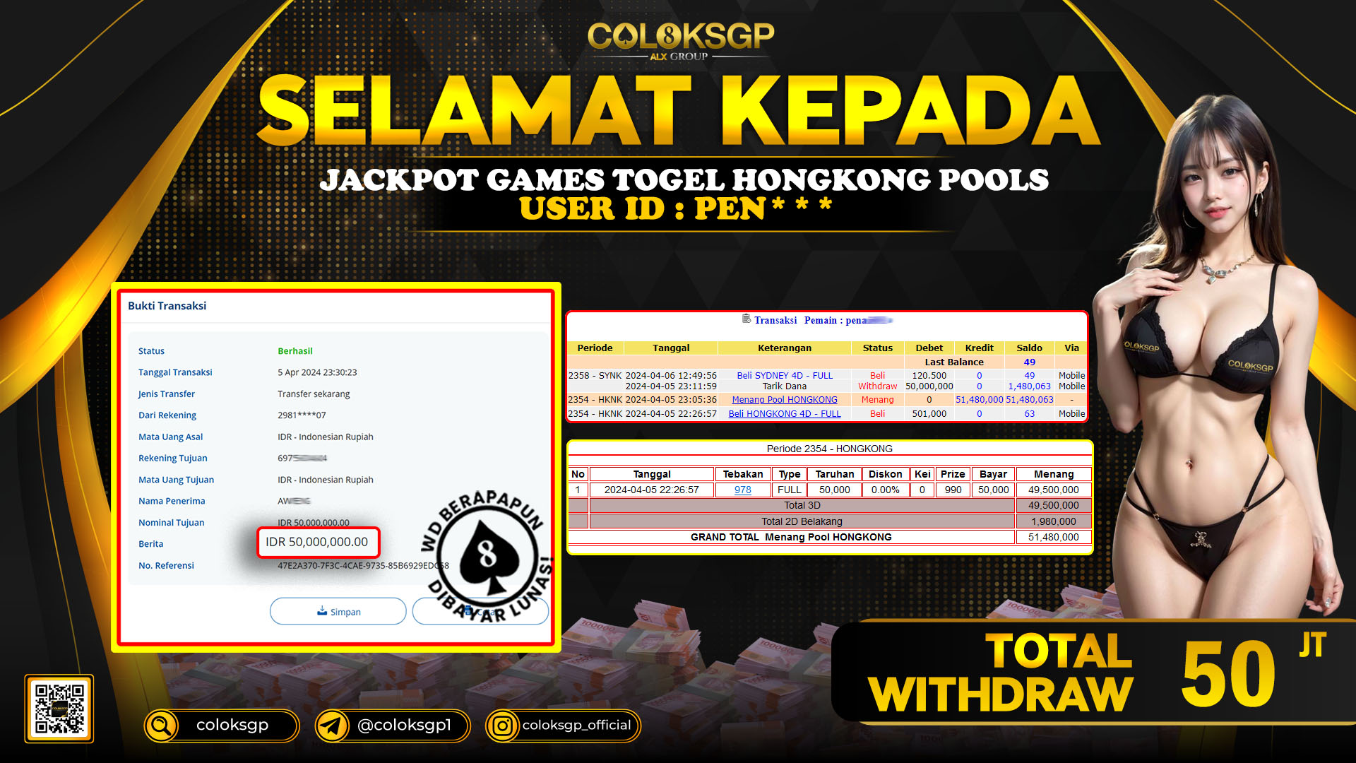 COLOKSGP JACKPOT HONGKONG POOLS RP 50.000.000 LUNAS
