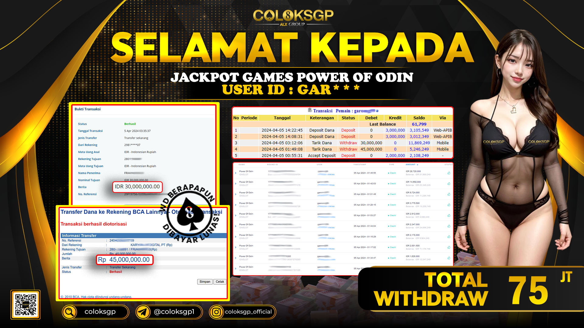 COLOKSGP JACKPOT SLOT GAMES RP 75.000.000 LUNAS