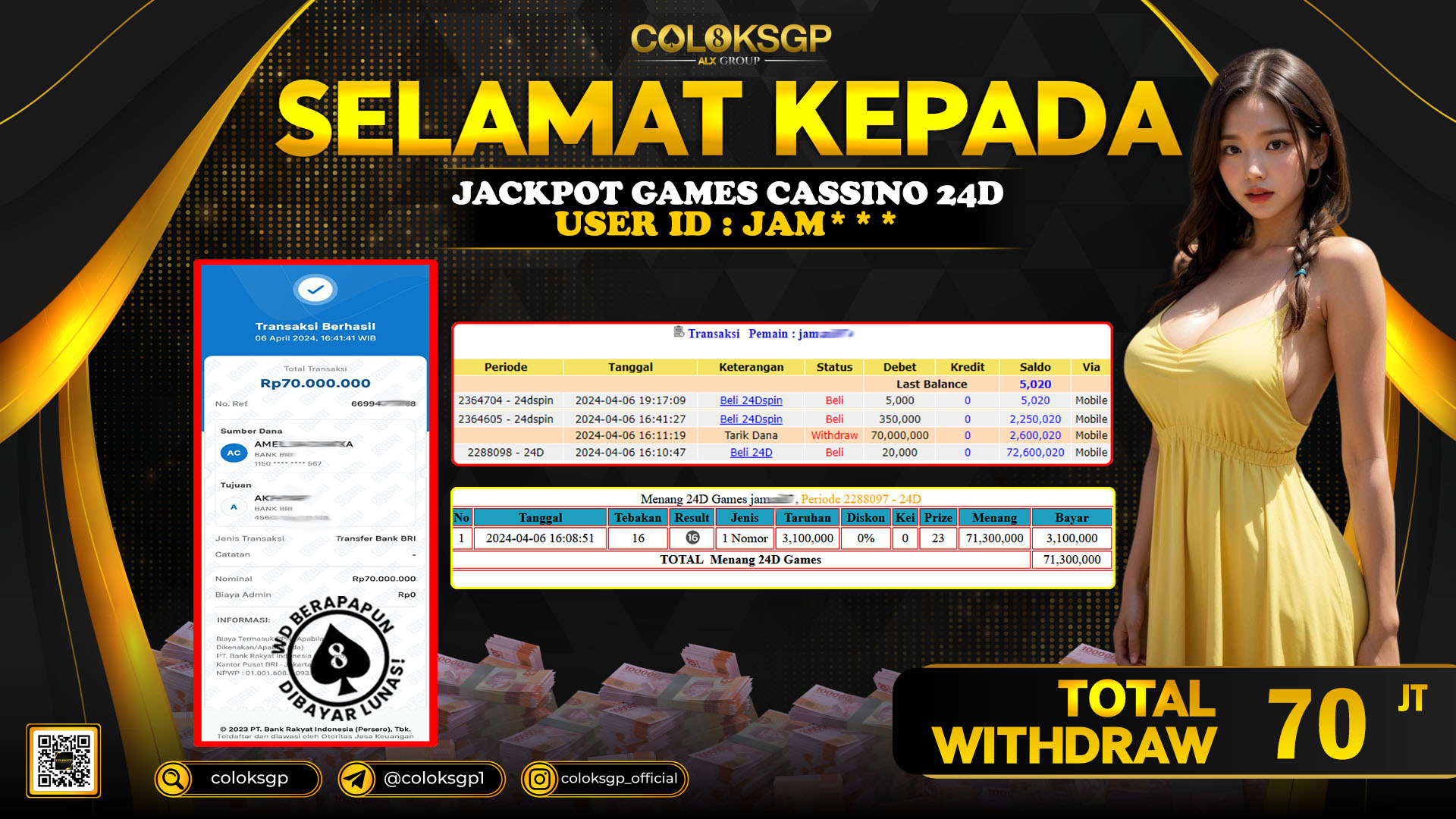 COLOKSGP JACKPOT 24D SPIN RP 70.000.000 LUNAS