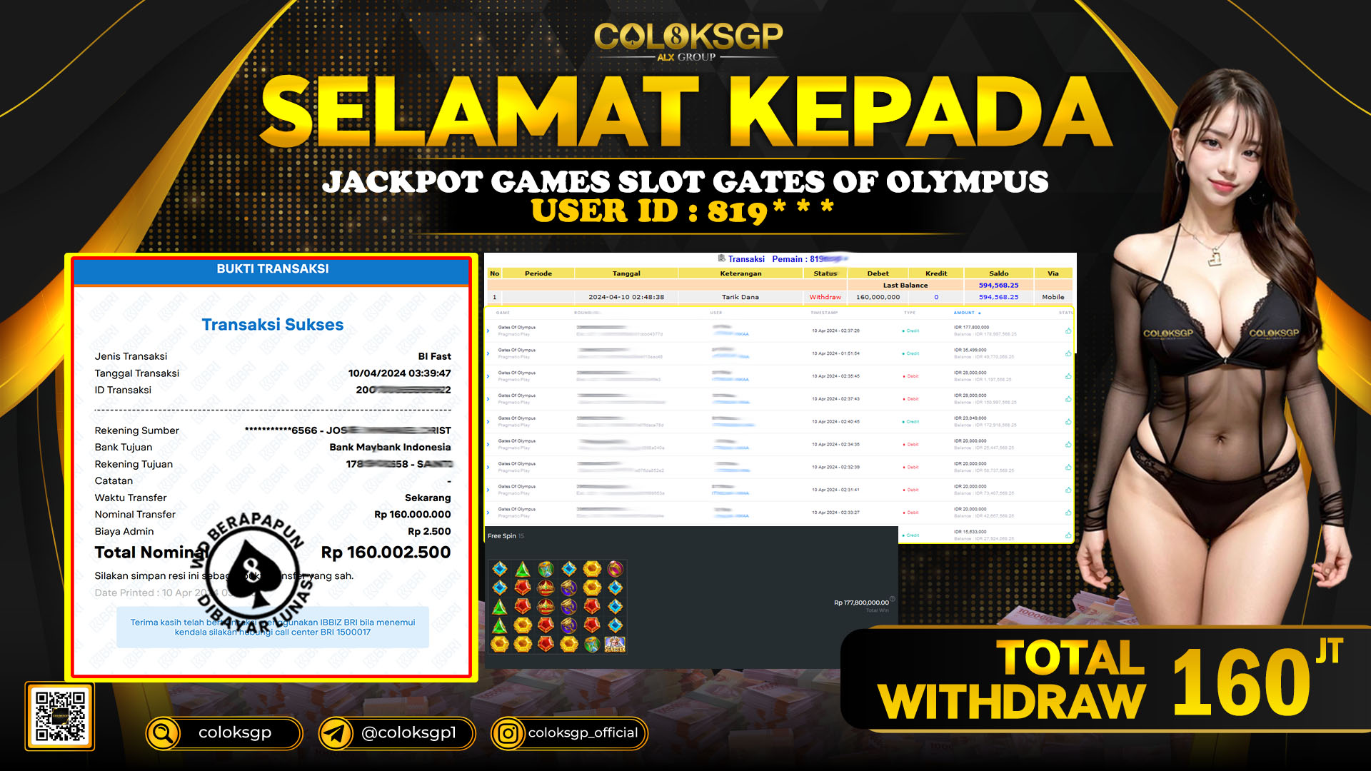 COLOKSGP JACKPOT SLOT GAMES RP 160.000.000 LUNAS