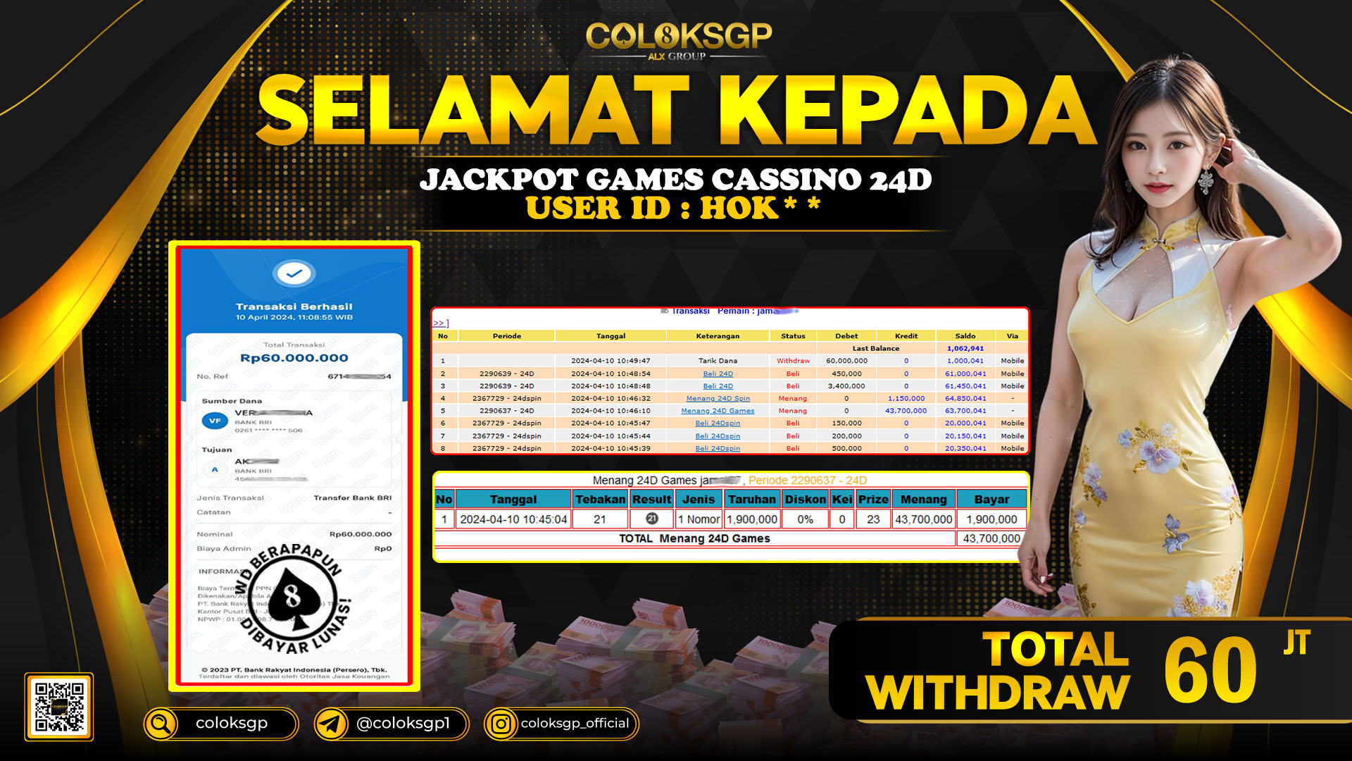 COLOKSGP JACKPOT 24D SPIN RP 60.000.000 LUNAS