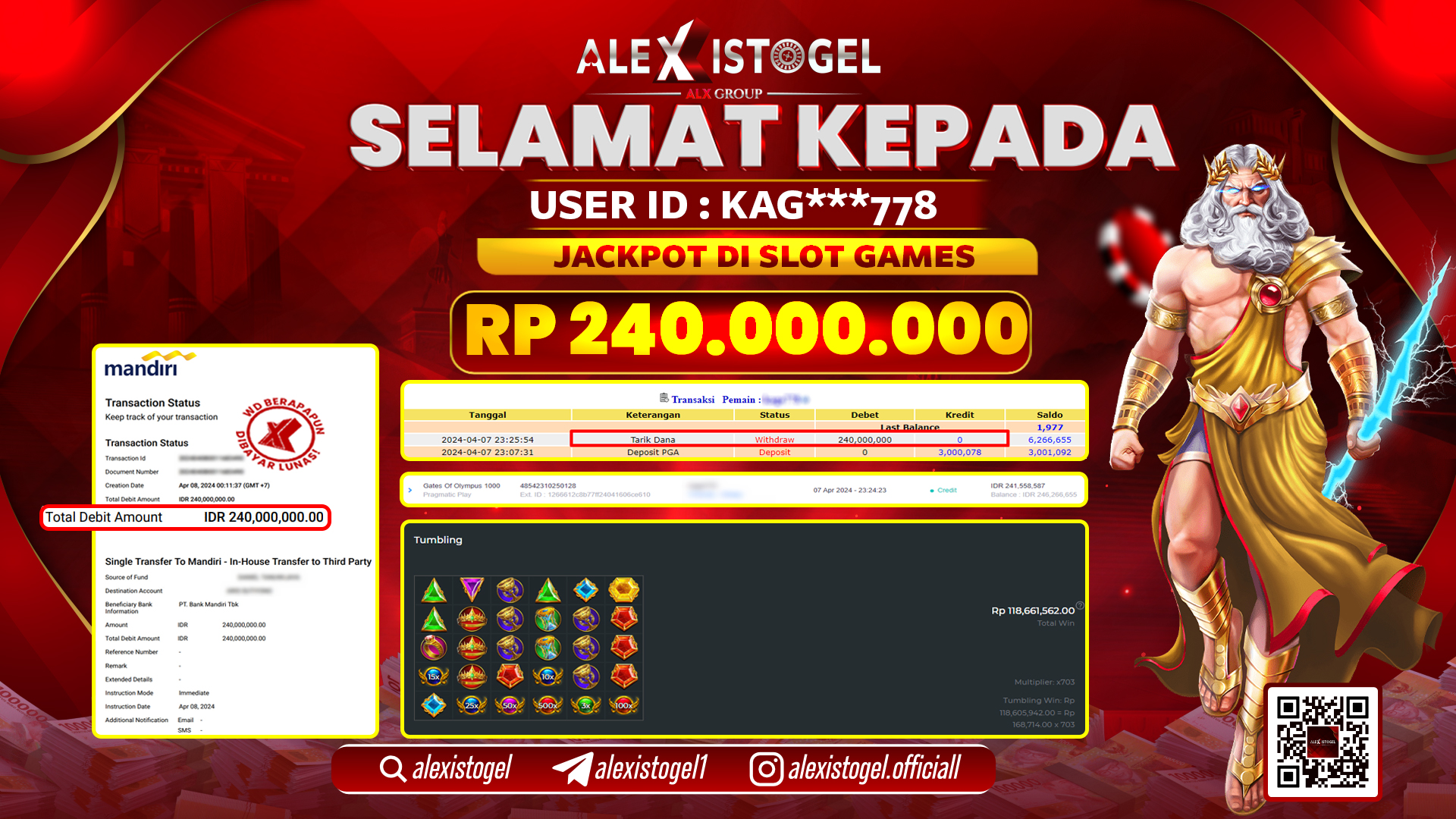 ALEXISTOGEL JACKPOT SLOT GAMES RP. 240.000.000 LUNAS
