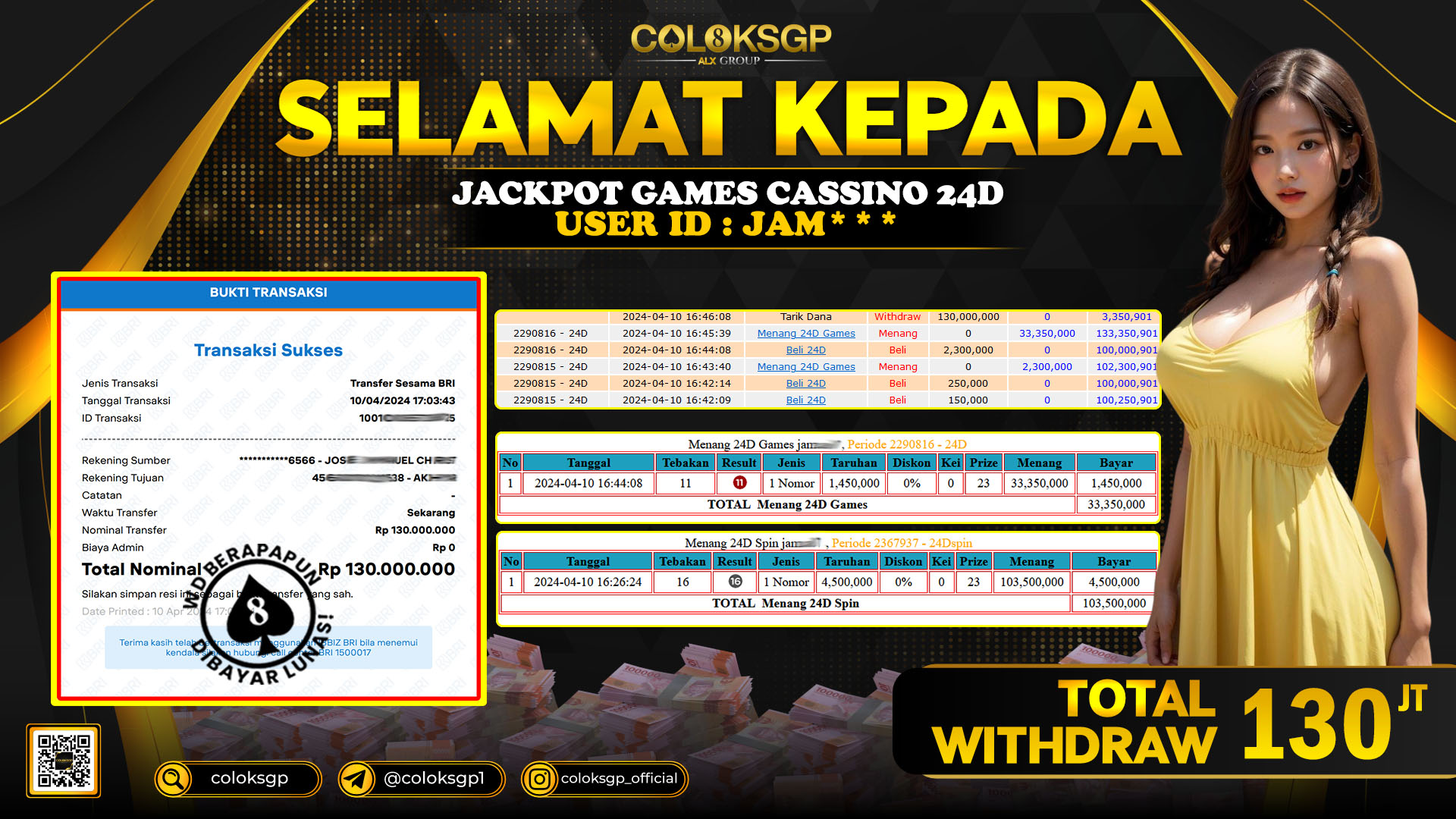 COLOKSGP JACKPOT 24D SPIN RP 130.000.000 LUNAS