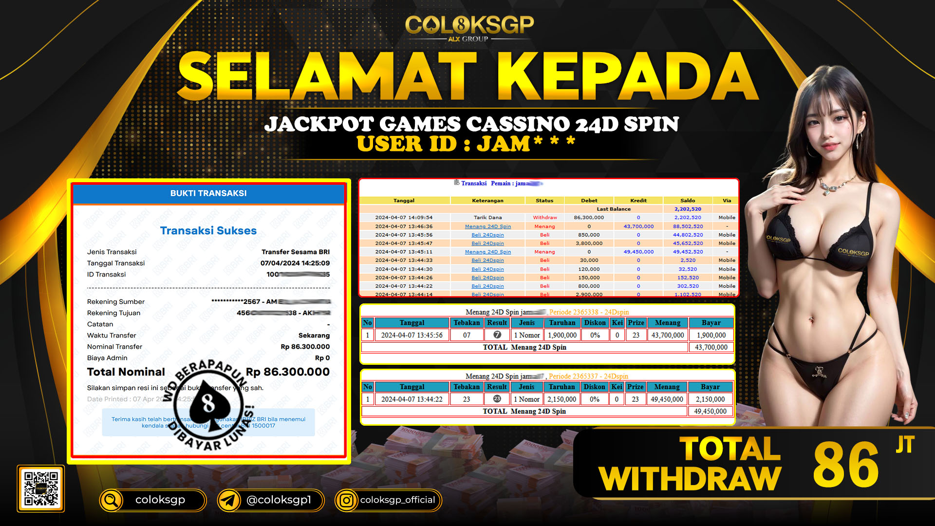 COLOKSGP JACKPOT 24D SPIN RP 86.000.000 LUNAS