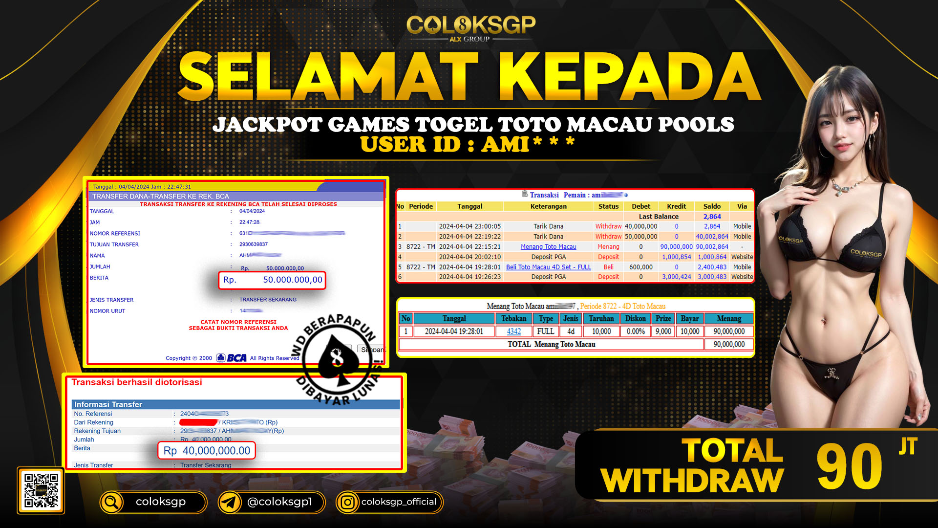COLOKSGP JACKPOT TOTO MACAU POOLS RP 90.000.000 LUNAS