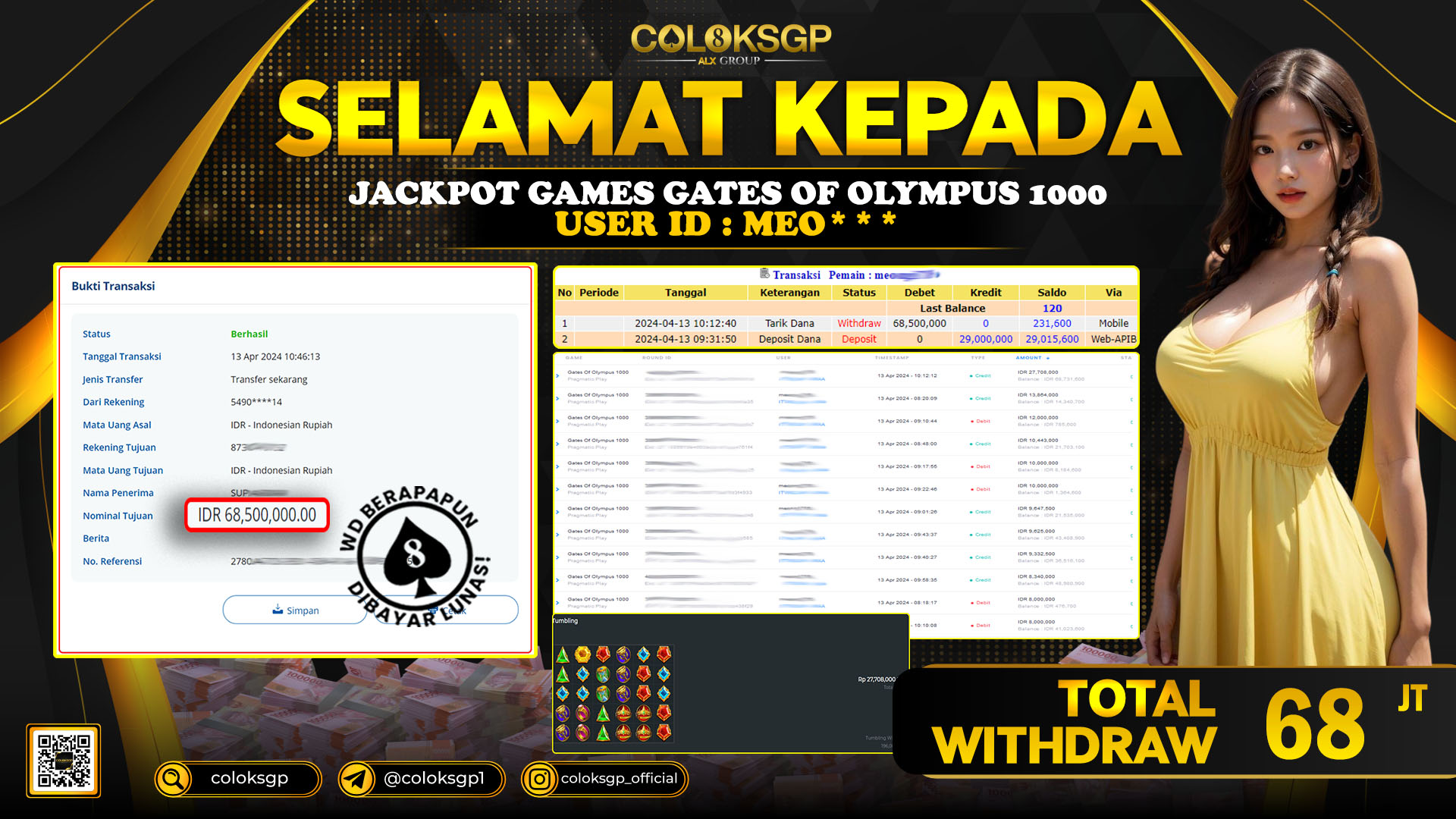 COLOKSGP JACKPOT SLOT GAMES RP 68.000.000 LUNAS