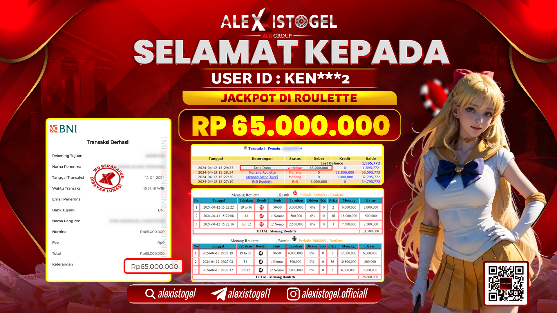 ALEXISTOGEL JACKPOT ROULETTE RP. 65.000.000 LUNAS
