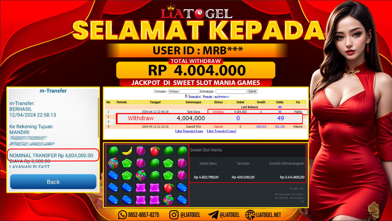LIATOGEL - JACKPOT SWEET SLOT MANIA GAMES ï»¿ RP 4.004.000,- LUNAS