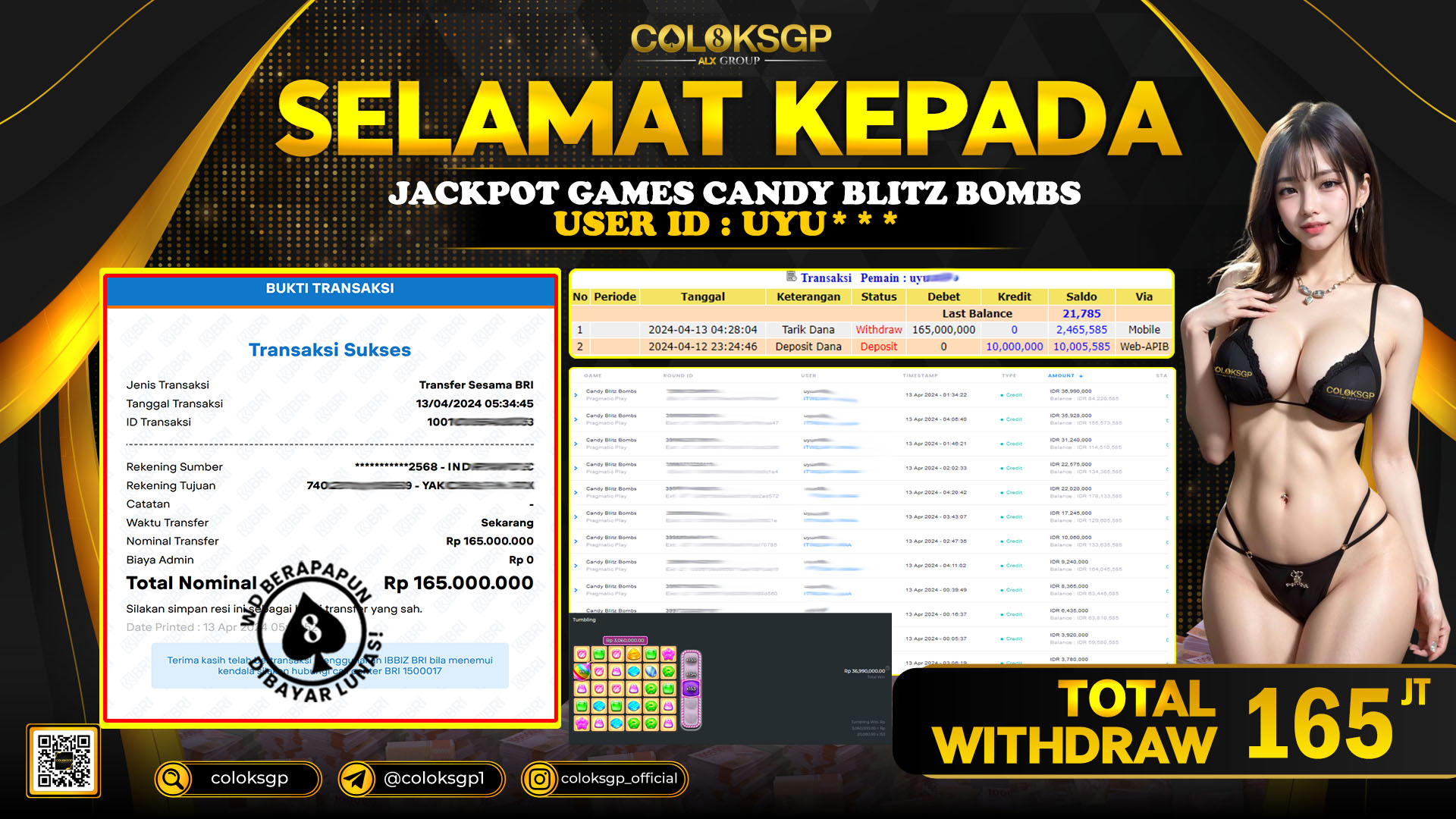 COLOKSGP JACKPOT SLOT GAMES RP 165.000.000 LUNAS