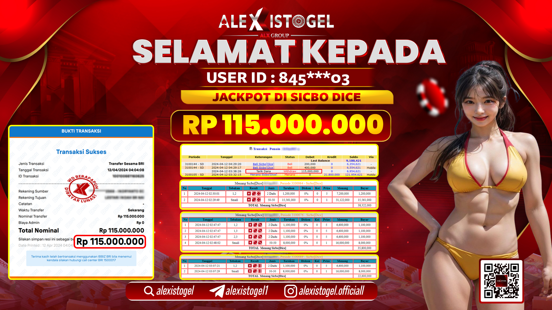 ALEXISTOGEL JACKPOT SICBO DICE RP.115.000.000 LUNAS