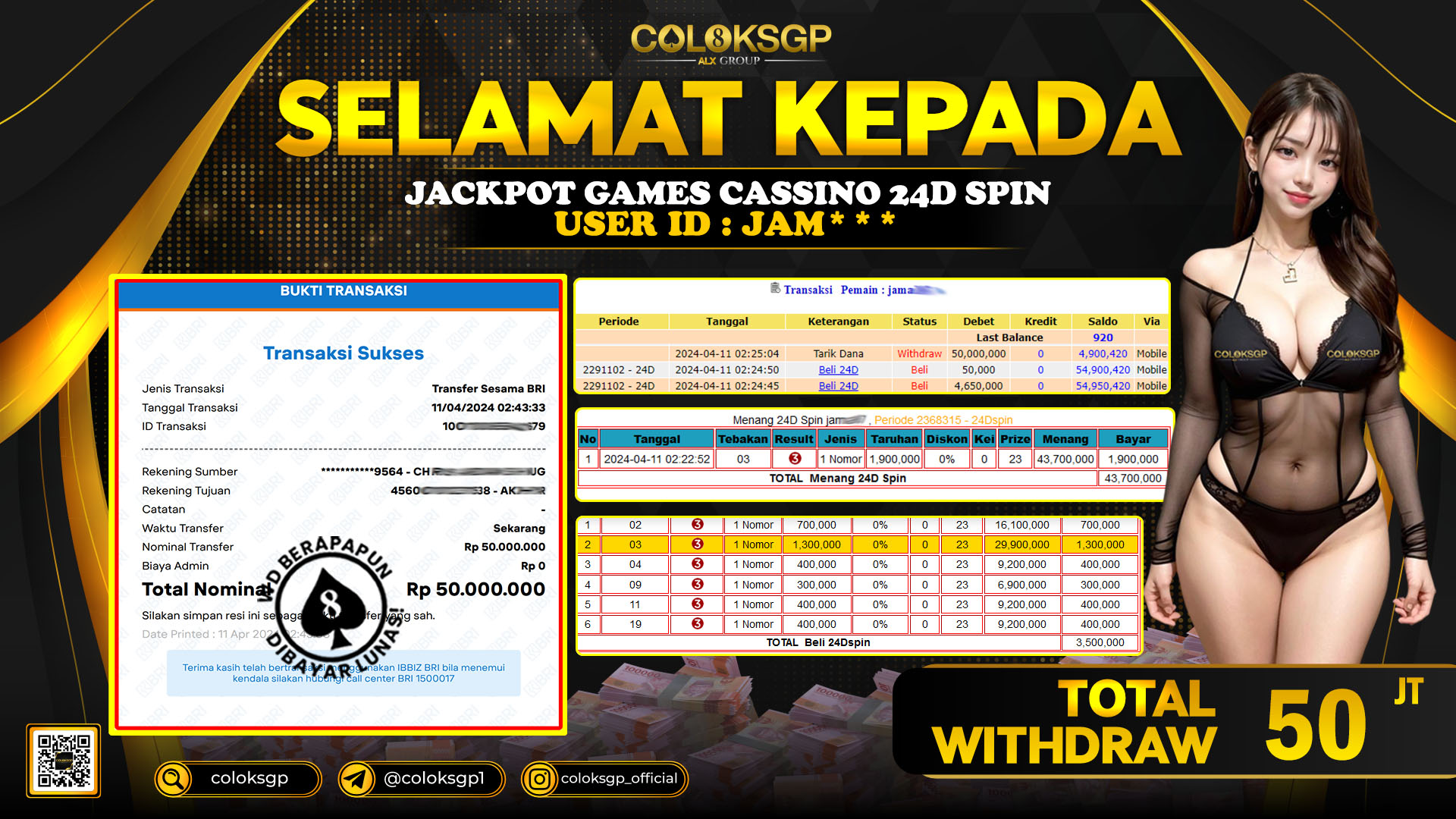 COLOKSGP JACKPOT 24D SPIN RP 50.000.000 LUNAS