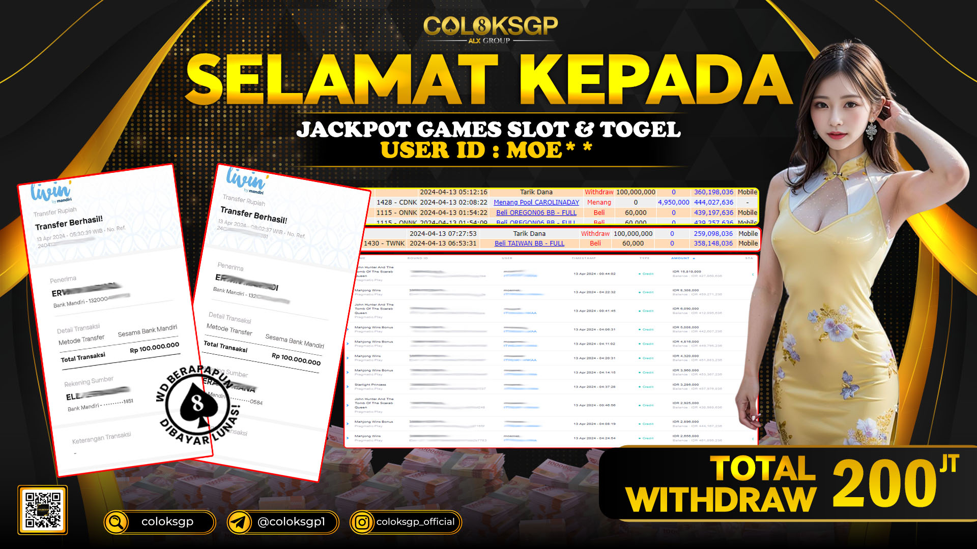 COLOKSGP JACKPOT SLOT GAMES & TOGEL RP 200.000.000 LUNAS