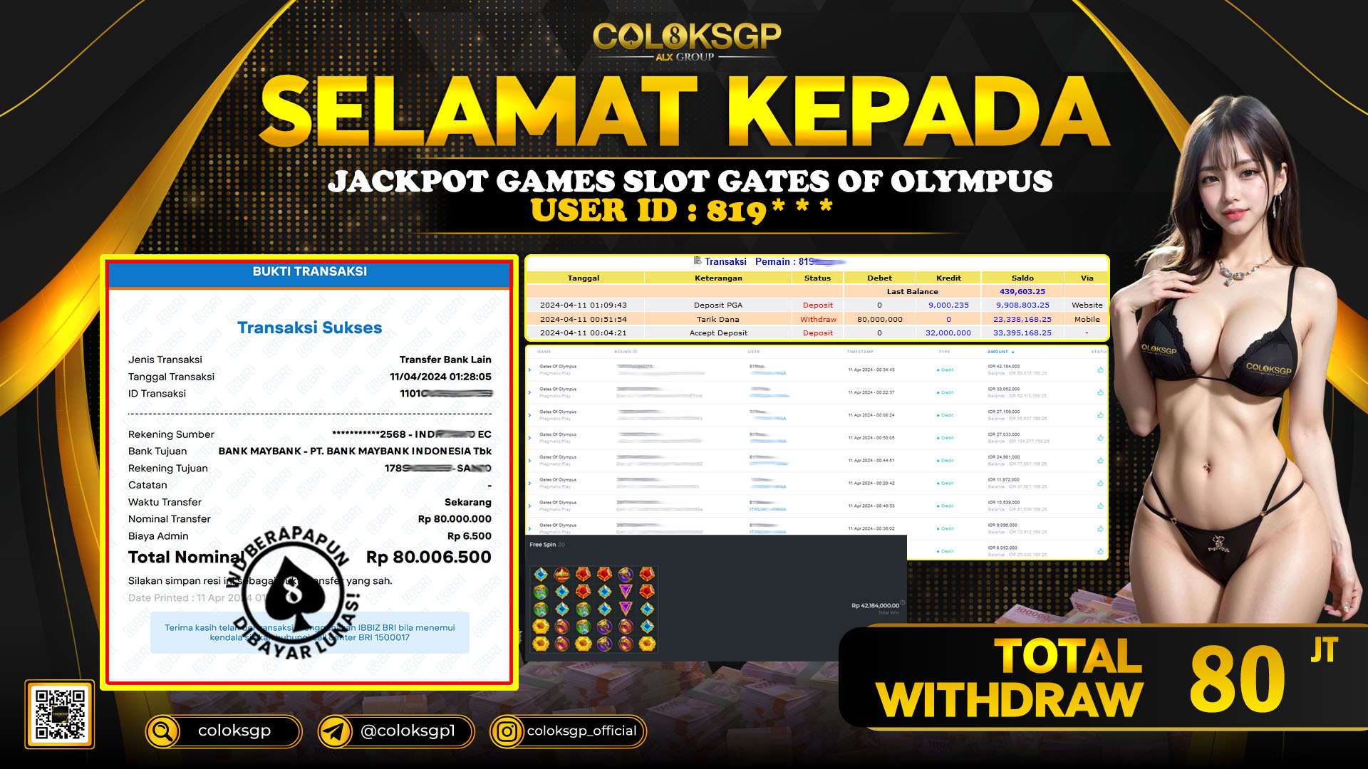 COLOKSGP JACKPOT SLOT GAMES RP 80.000.000 LUNAS