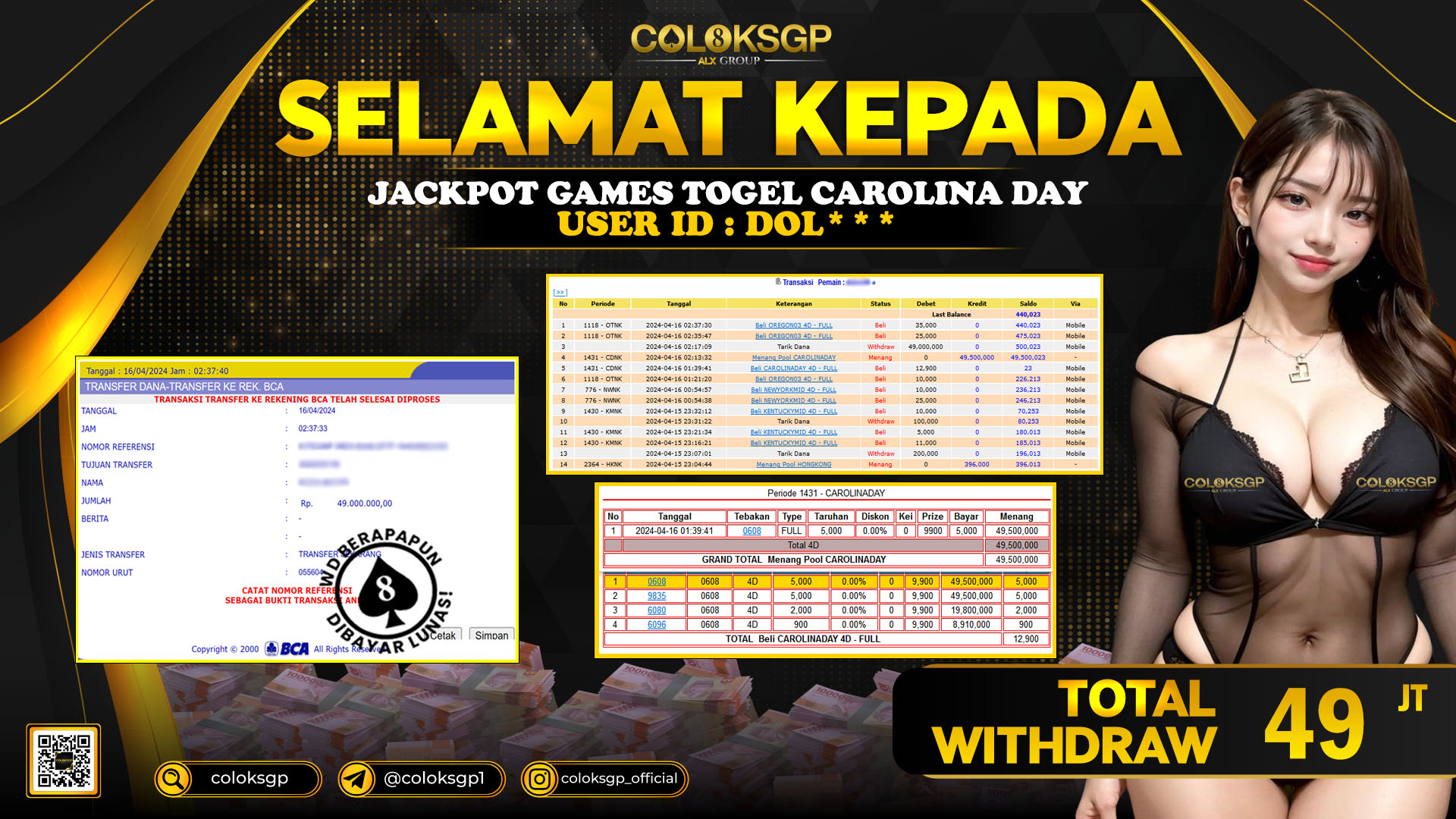 COLOKSGP JACKPOT CAROLINA POOLS RP 49.000.000 LUNAS
