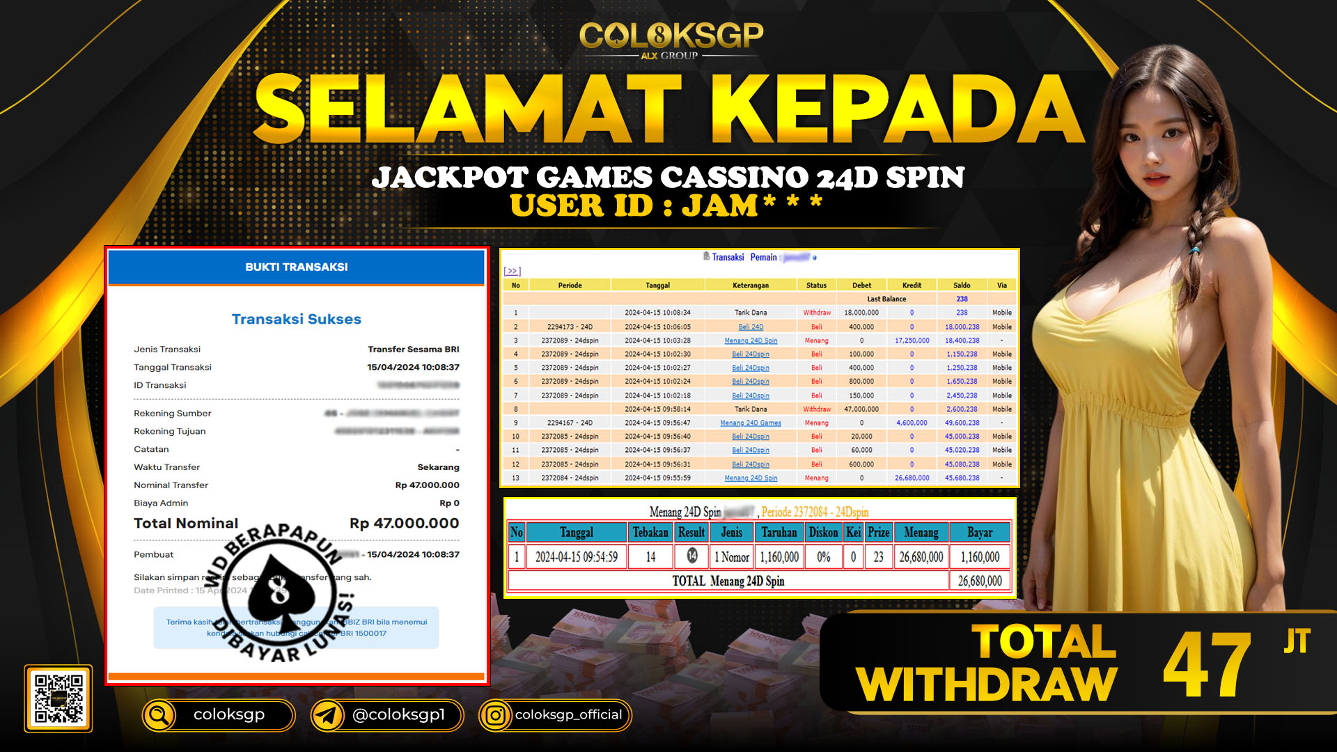 COLOKSGP JACKPOT LIVE CASINO RP 47.000.000 LUNAS