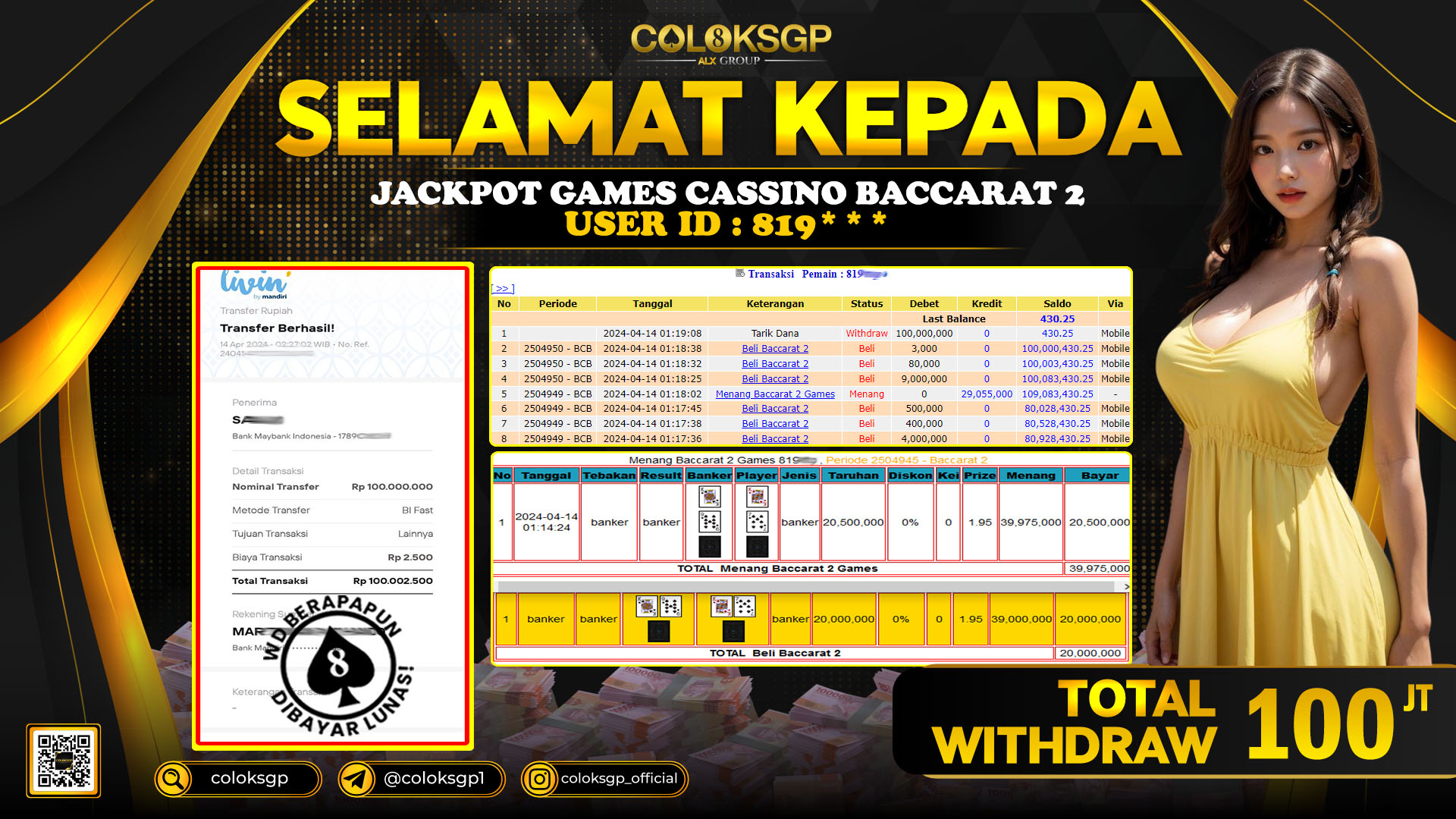 COLOKSGP JACKPOT BACCARAT 2 RP 100.000.000 LUNAS