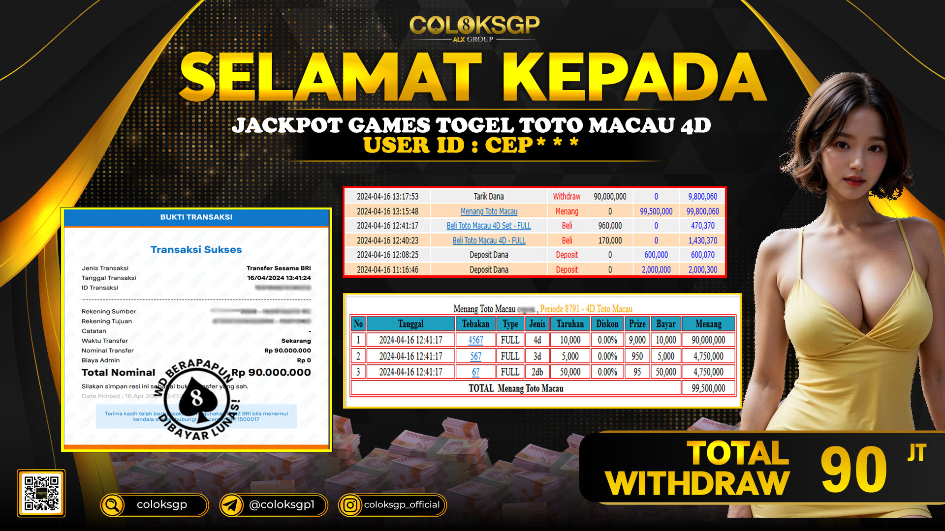 COLOKSGP JACKPOT TOTO MACAU POOLS RP 90.000.000 LUNAS