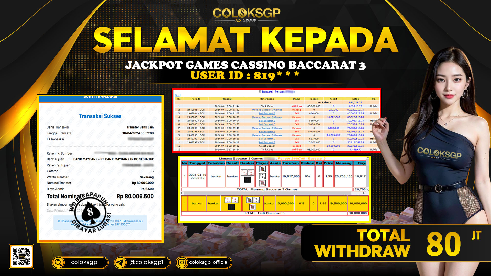 COLOKSGP JACKPOT BACCARAT 3 RP 80.000.000 LUNAS