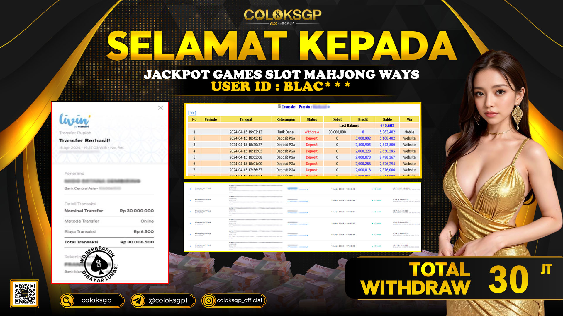 COLOKSGP JACKPOT SLOT GAMES RP 30.000.000 LUNAS