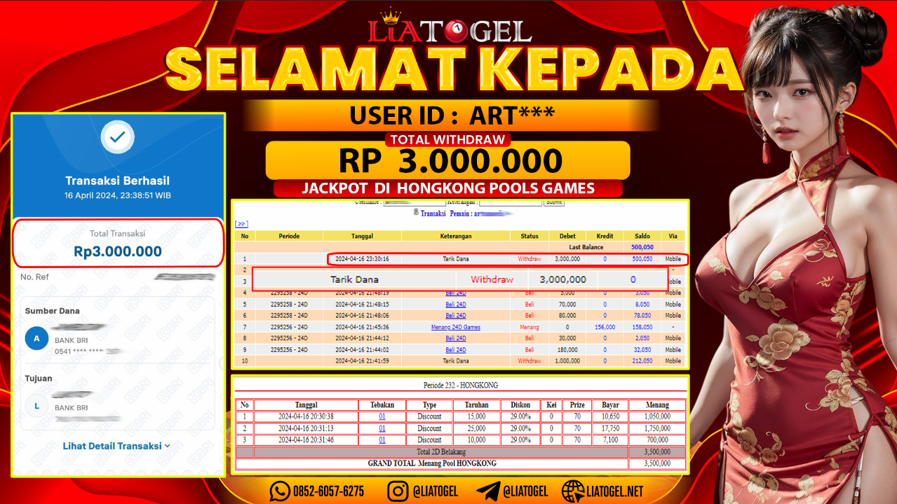 LIATOGEL - JACKPOT HONGKONG POOLS GAMESï»¿ RP 3.000.000,- LUNAS