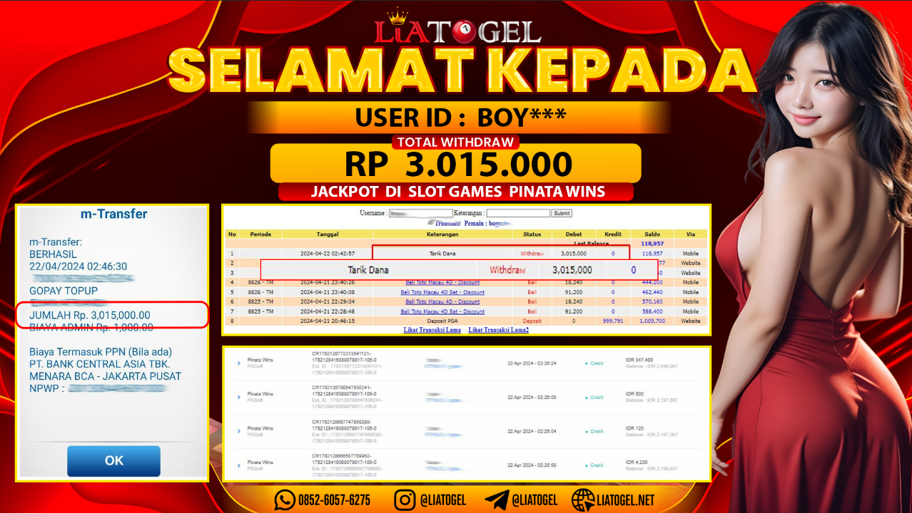 LIATOGEL - JACKPOT SLOT PINATA WINS ï»¿ RP 3.015.000,- LUNAS