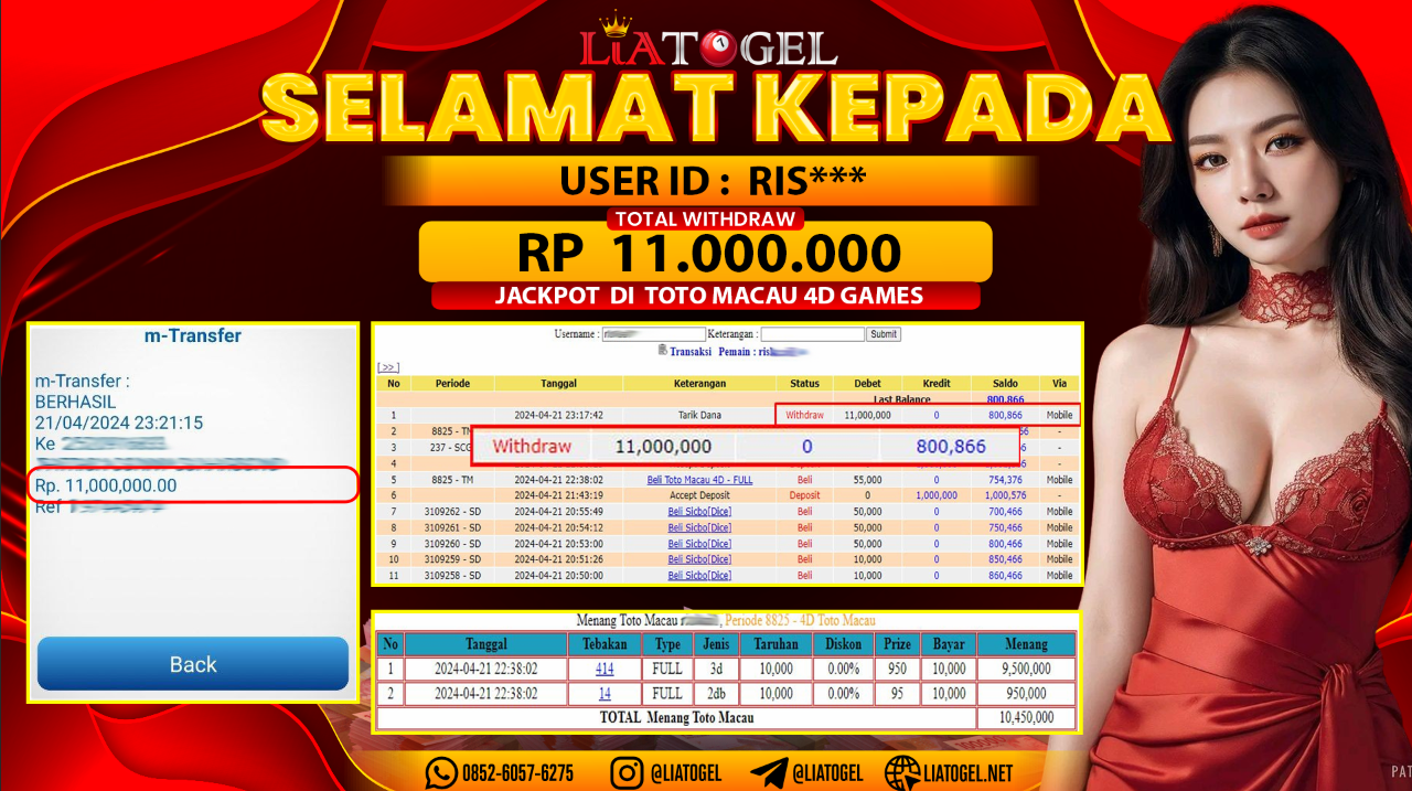 LIATOGEL - JACKPOT TOTO MACAU 4D ï»¿ RP 11.000.000,- LUNAS