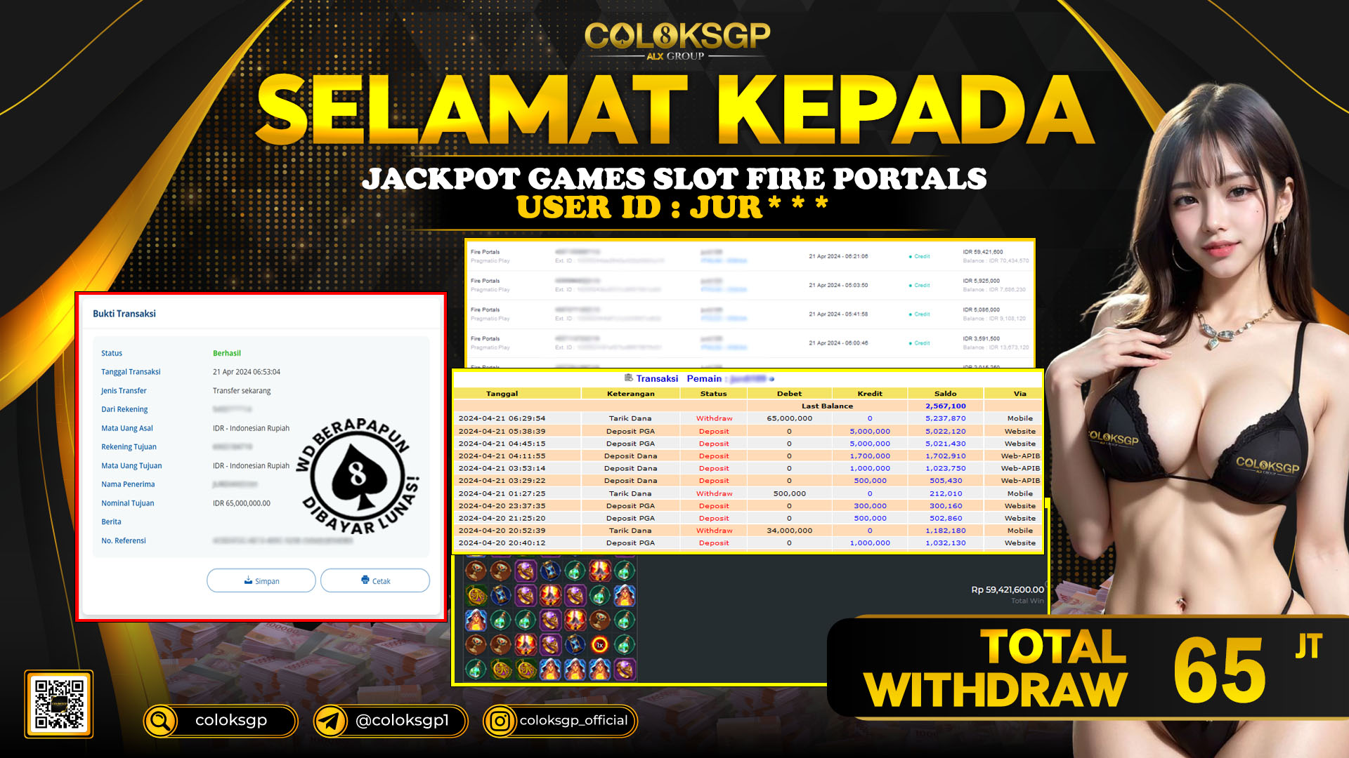 COLOKSGP JACKPOT SLOT GAMES RP 65.000.000 LUNAS