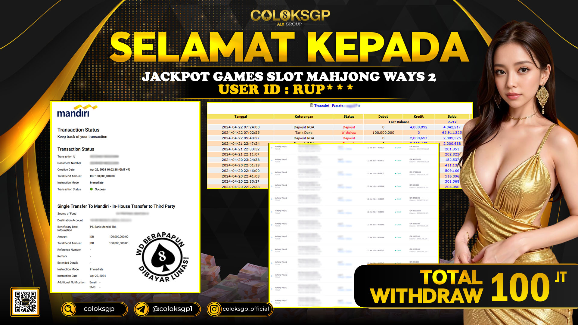 COLOKSGP JACKPOT SLOT GAMES RP 100.000.000 LUNAS