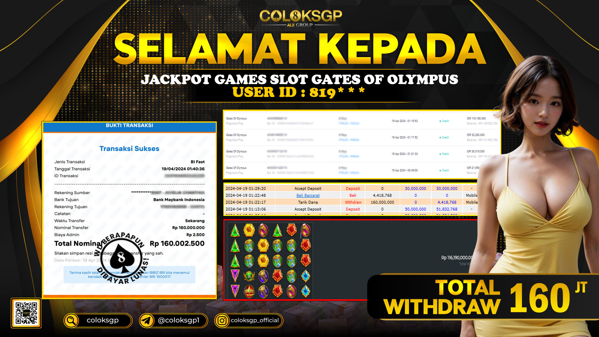 COLOKSGP JACKPOT SLOT GAMES RP 160.000.000 LUNAS