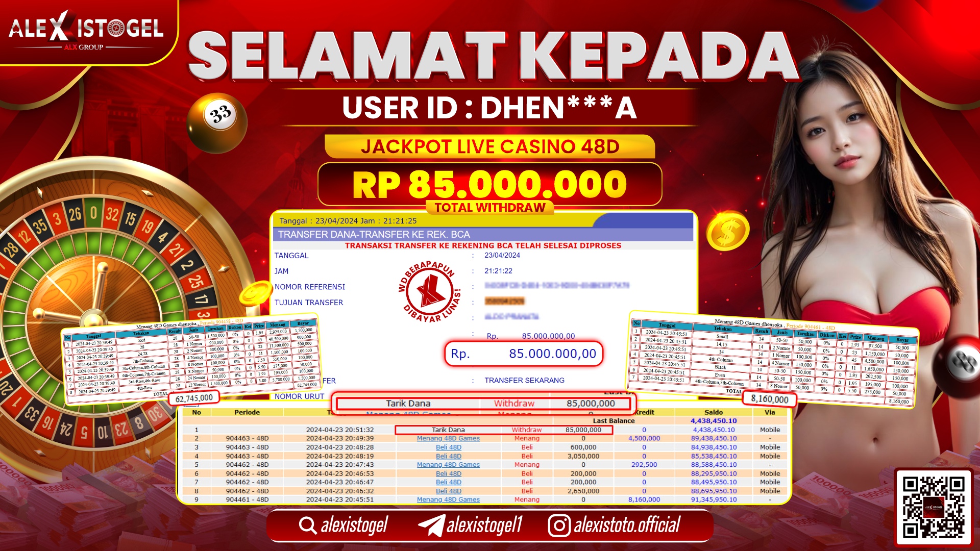 ALEXISTOGEL JACKPOT LIVE CASINO RP.85.000.000 LUNAS