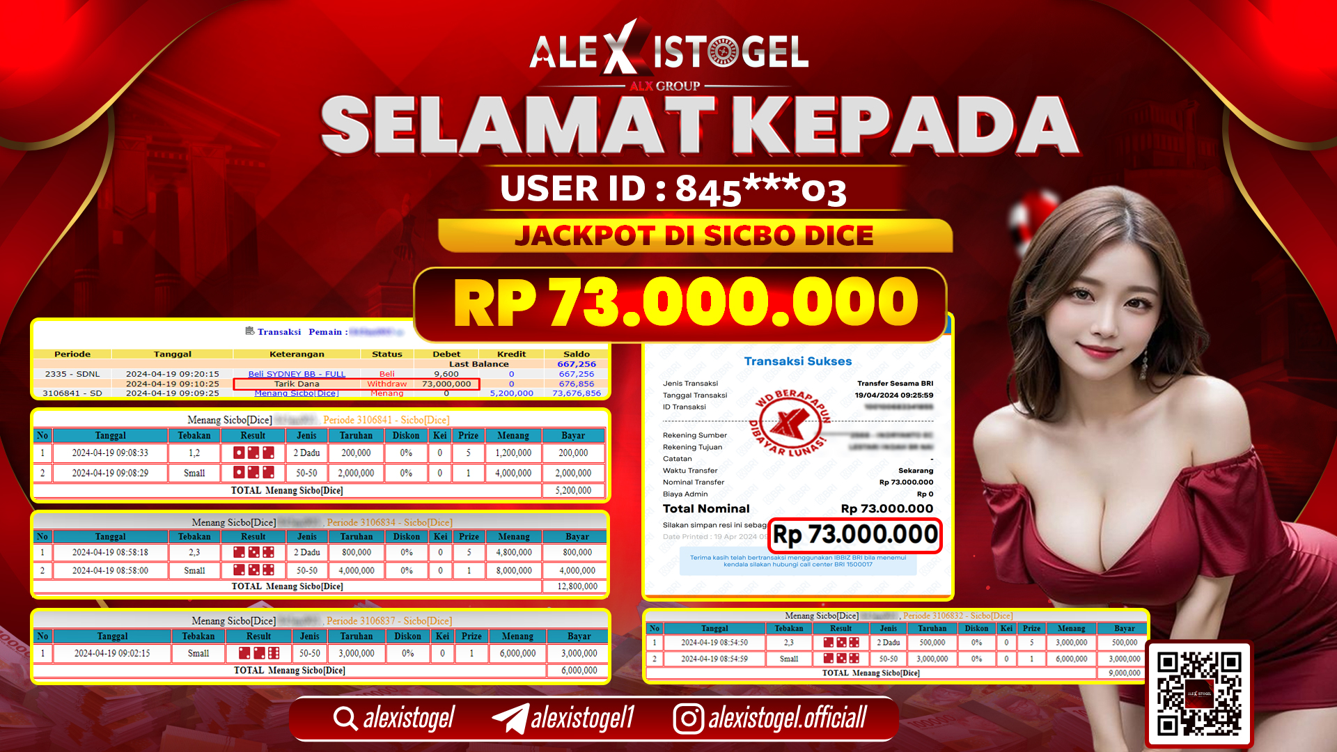 ALEXISTOGEL JACKPOT SICBO DICE RP.73.000.000 LUNAS