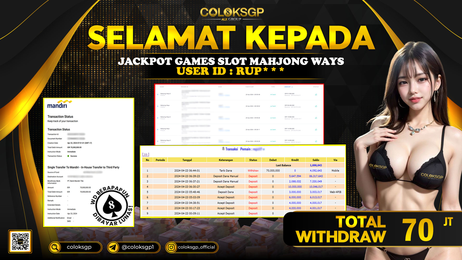 COLOKSGP JACKPOT SLOT GAMES RP 70.000.000 LUNAS