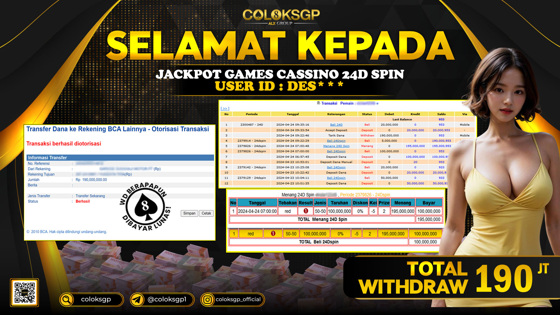 COLOKSGP JACKPOT 24D SPIN RP 190.000.000 LUNAS