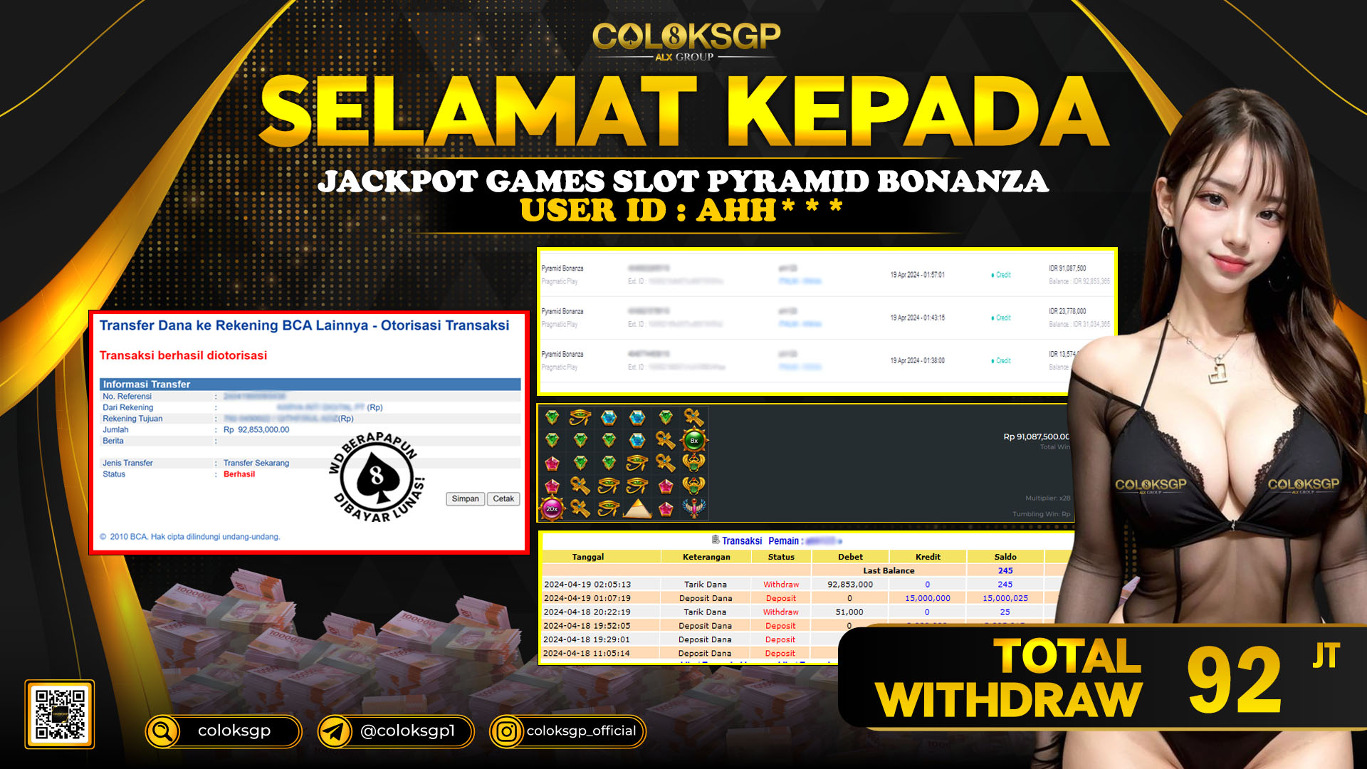COLOKSGP JACKPOT SLOT GAMES RP 92.000.000 LUNAS