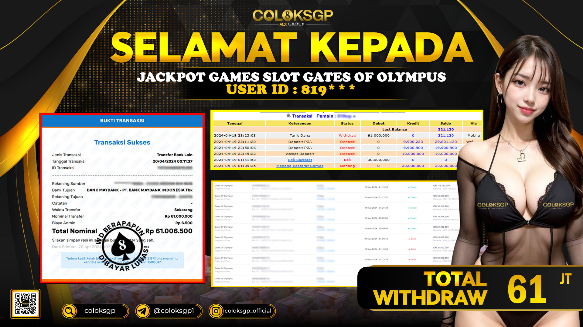 COLOKSGP JACKPOT SLOT GAMES RP 61.000.000 LUNAS